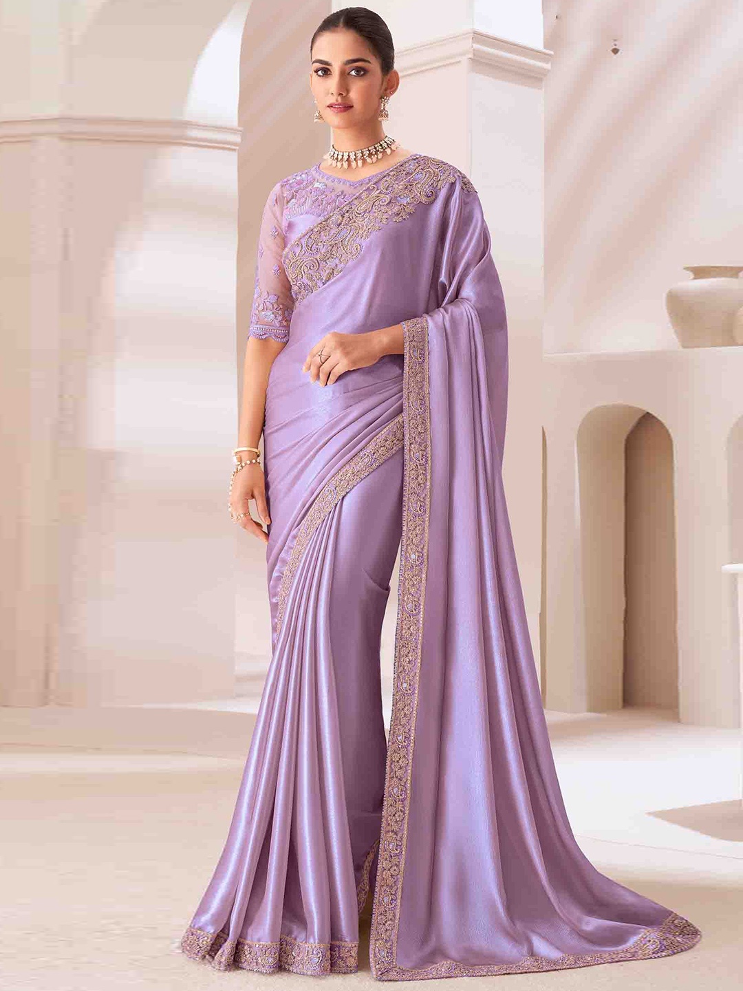 

KIMISHA Embellished Embroidered Pure Georgette Saree, Lavender