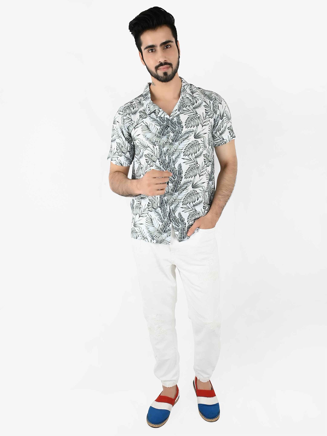 

Blissence Men Comfort Fit Cuban Collar Floral Printed Cotton Casual Shirt, White