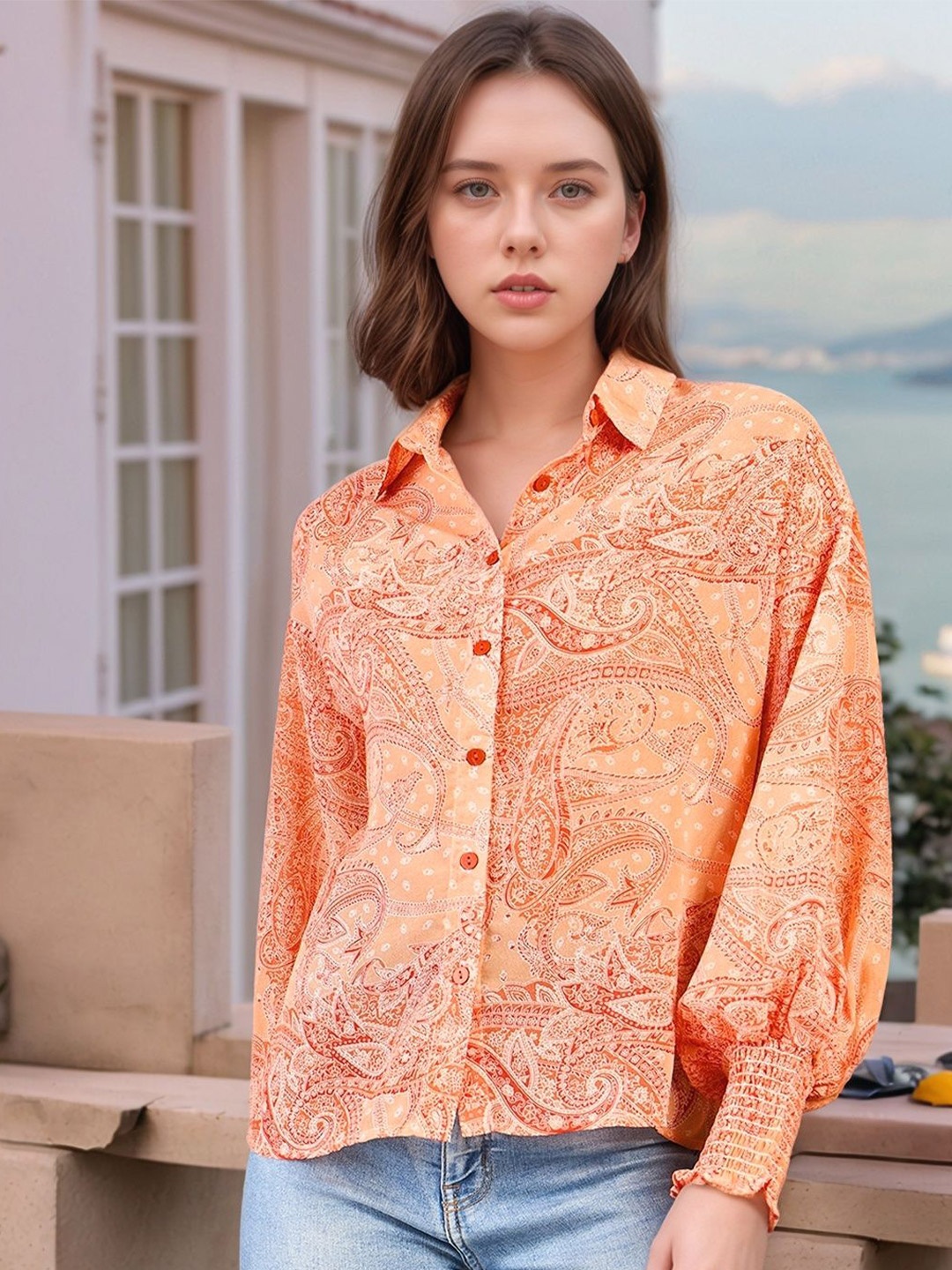 

RARE Women Spread Collar Ethnic Motifs Printed Casual Shirt, Orange