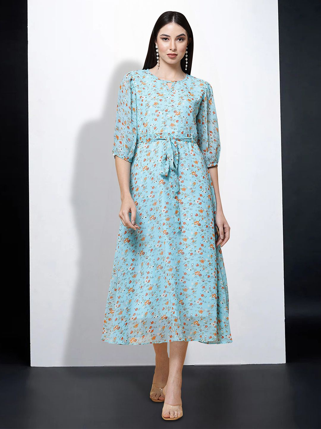 

MISS AYSE Women Floral Printed Fit & Flare Dress Comes with a belt, Blue