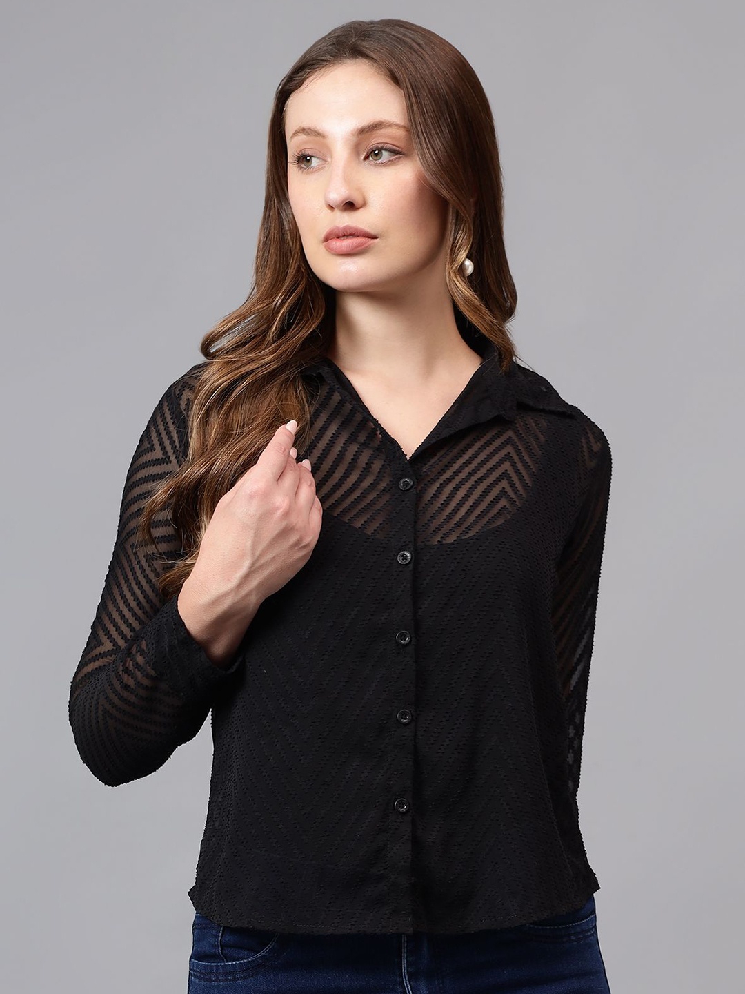 

Bright Nex Women Relaxed Boxy Fit Spread Collar Textured Casual Shirt, Black