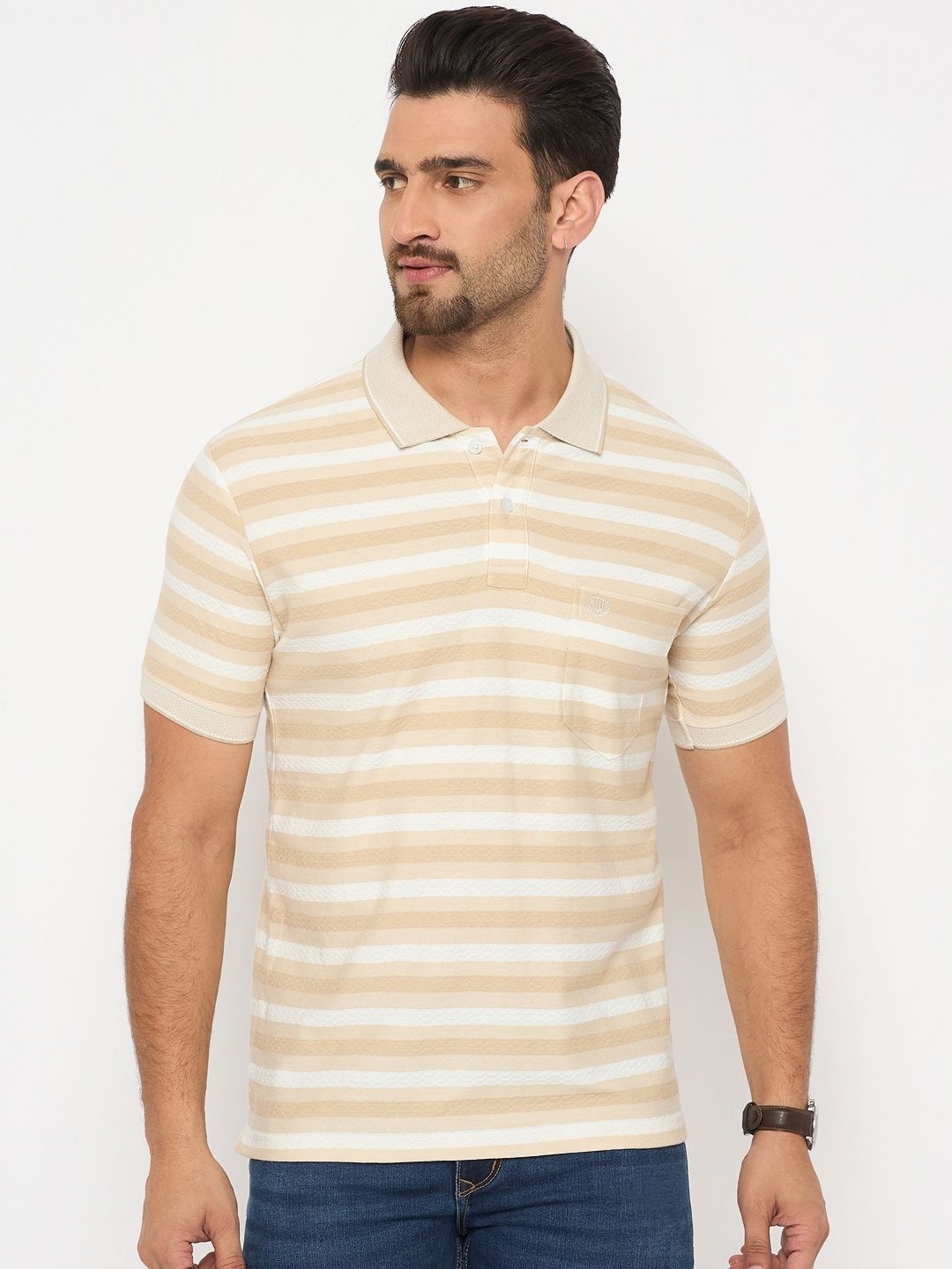 

Duke Men Striped Polo Collar Cotton T-shirt, Beige