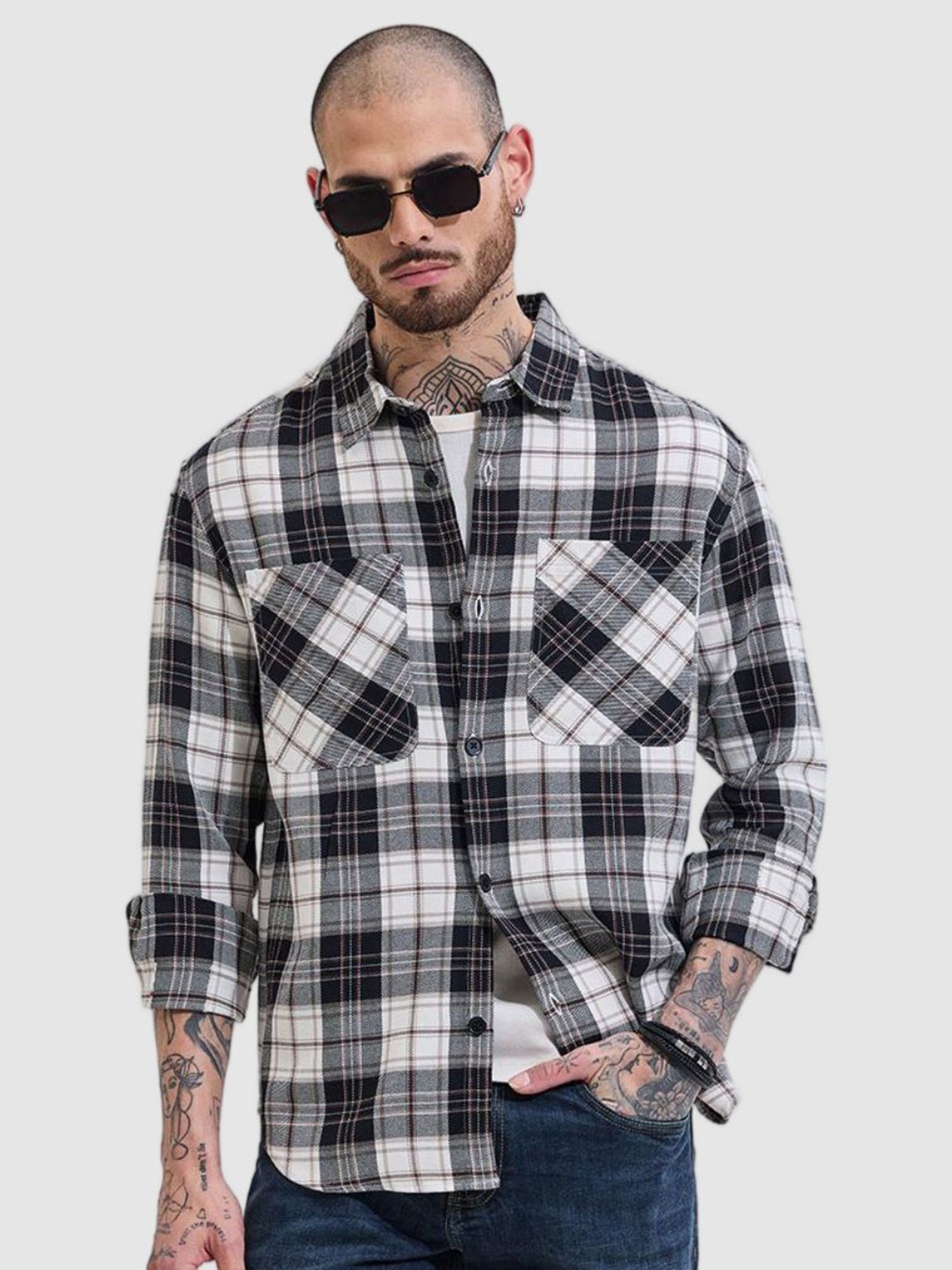 

Snitch Men Spread Collar Checked Cotton Casual Tailored Jacket, Off white