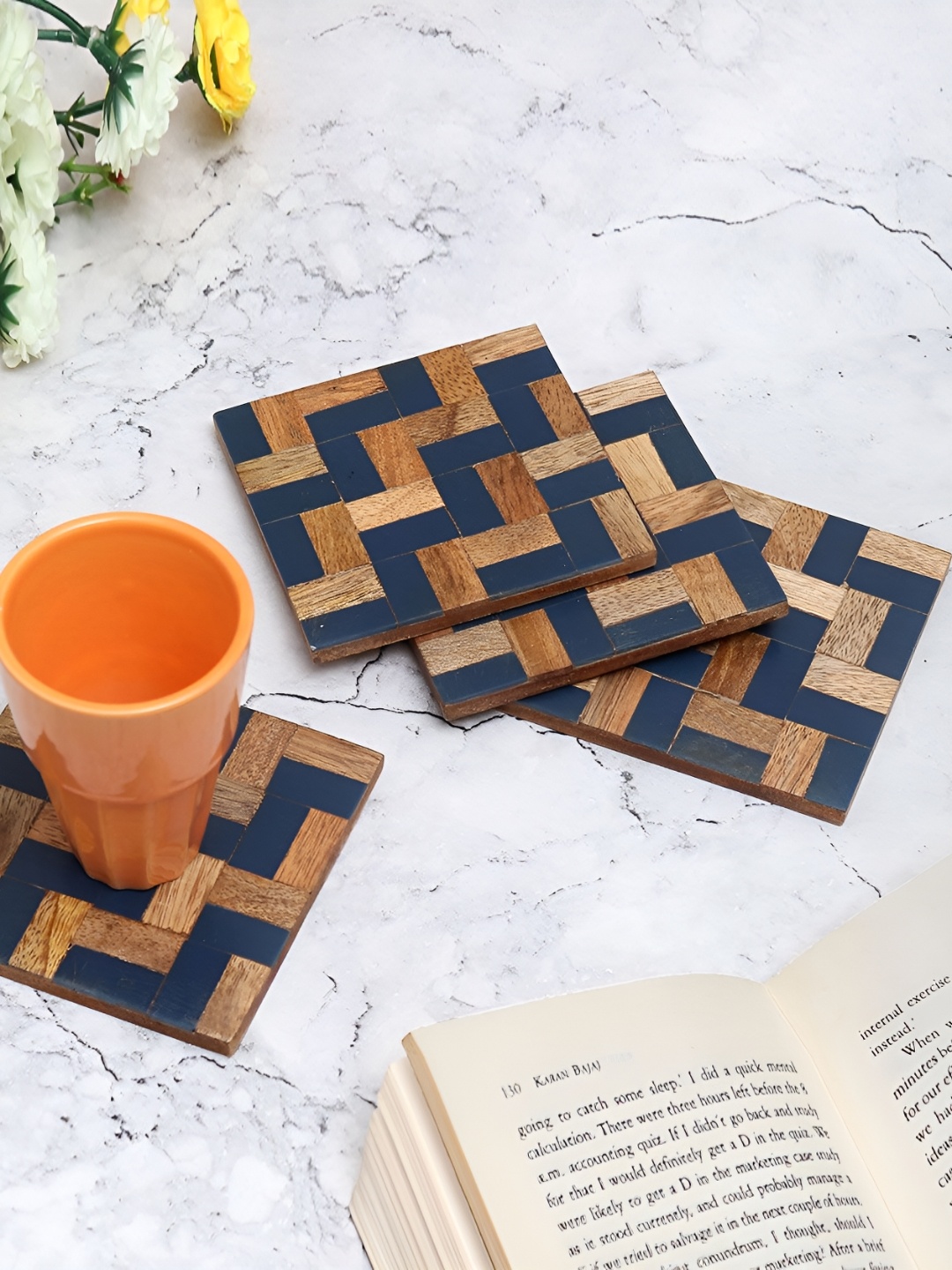 

Indianshelf Brown & Blue 4 Pieces Checked Wooden Dining Table Coasters