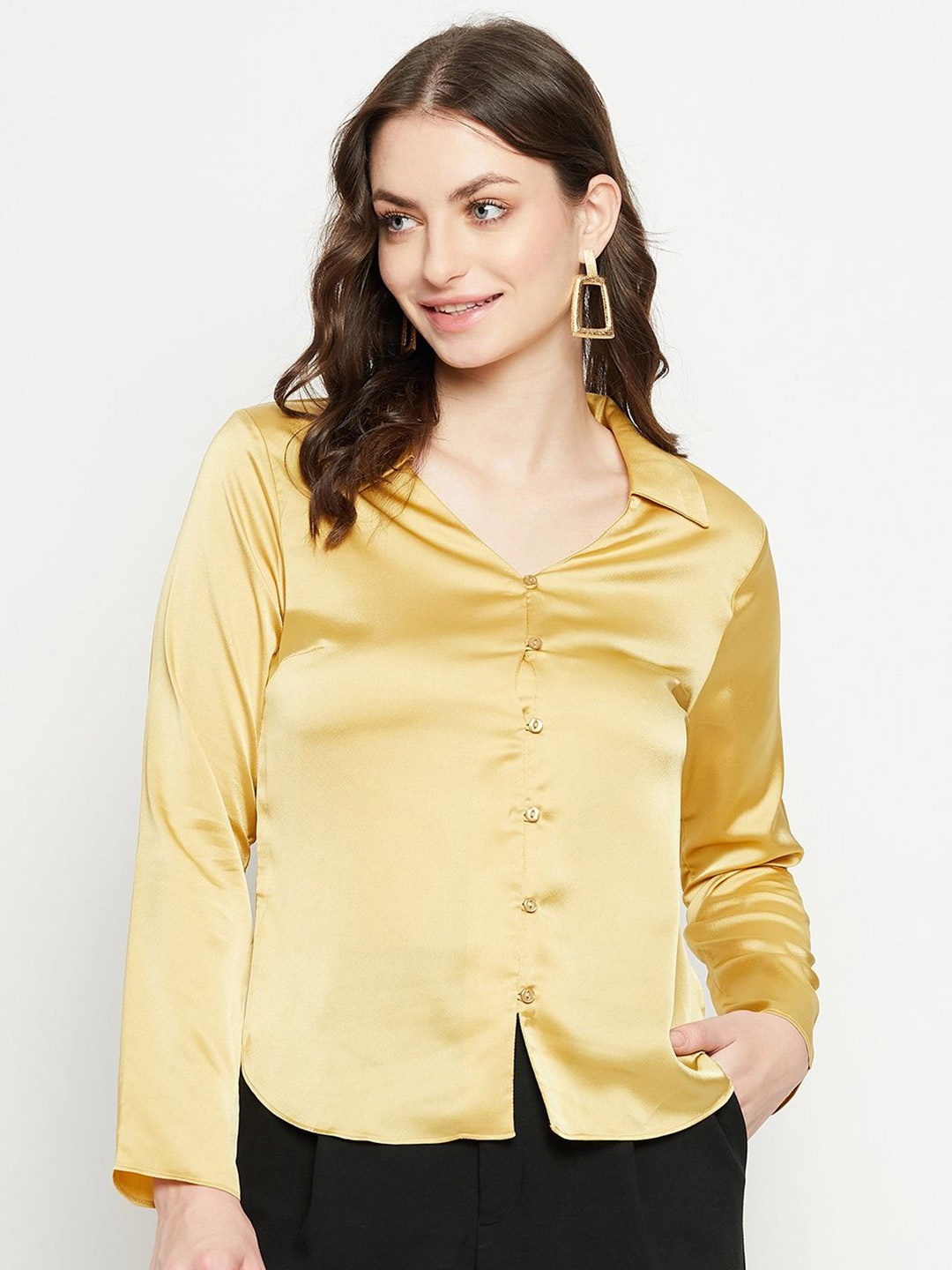 

Madame Women Spread Collar Solid Casual Shirt, Mustard