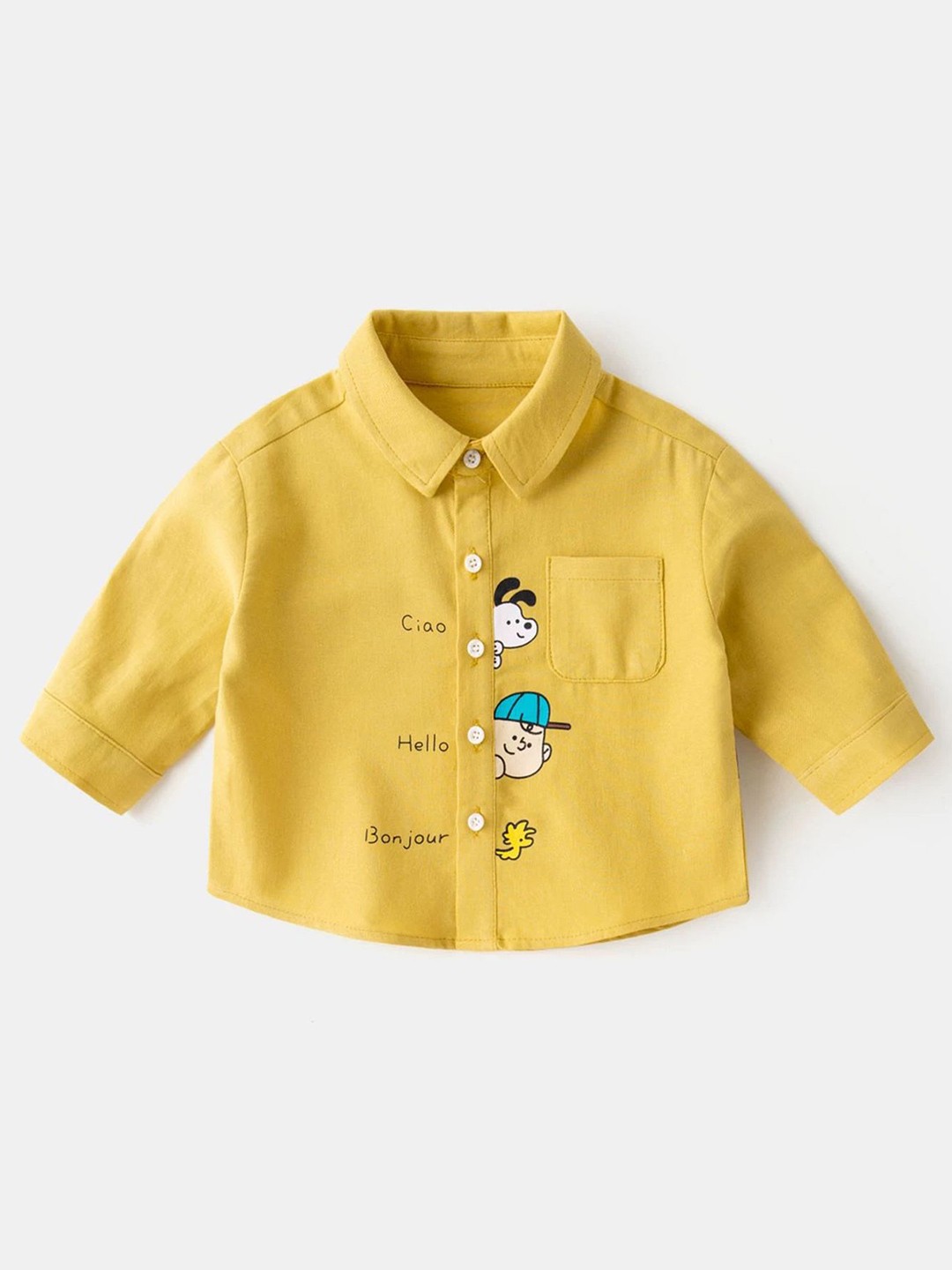 

LULU & SKY Boys Relaxed Fit Spread Collar Graphic Printed Organic Cotton Casual Shirt, Yellow