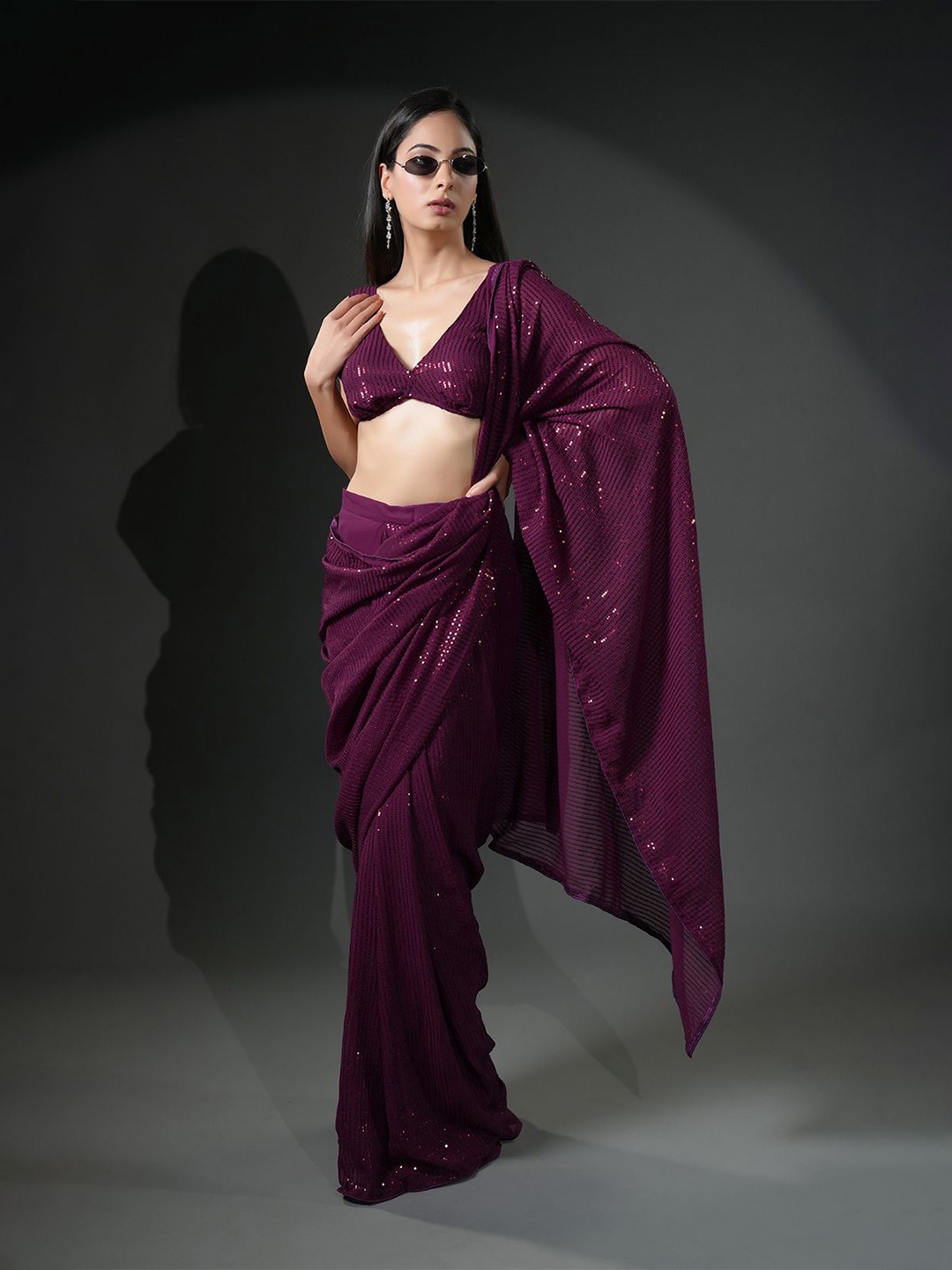 

HANDME Shimmering Party Ready to Wear Sequin Saree, Magenta