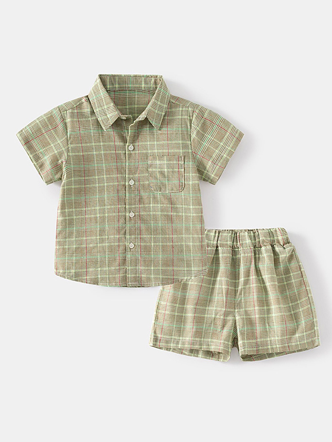 

LULU & SKY Boys Checked Pure Cotton Shirt With Shorts, Green