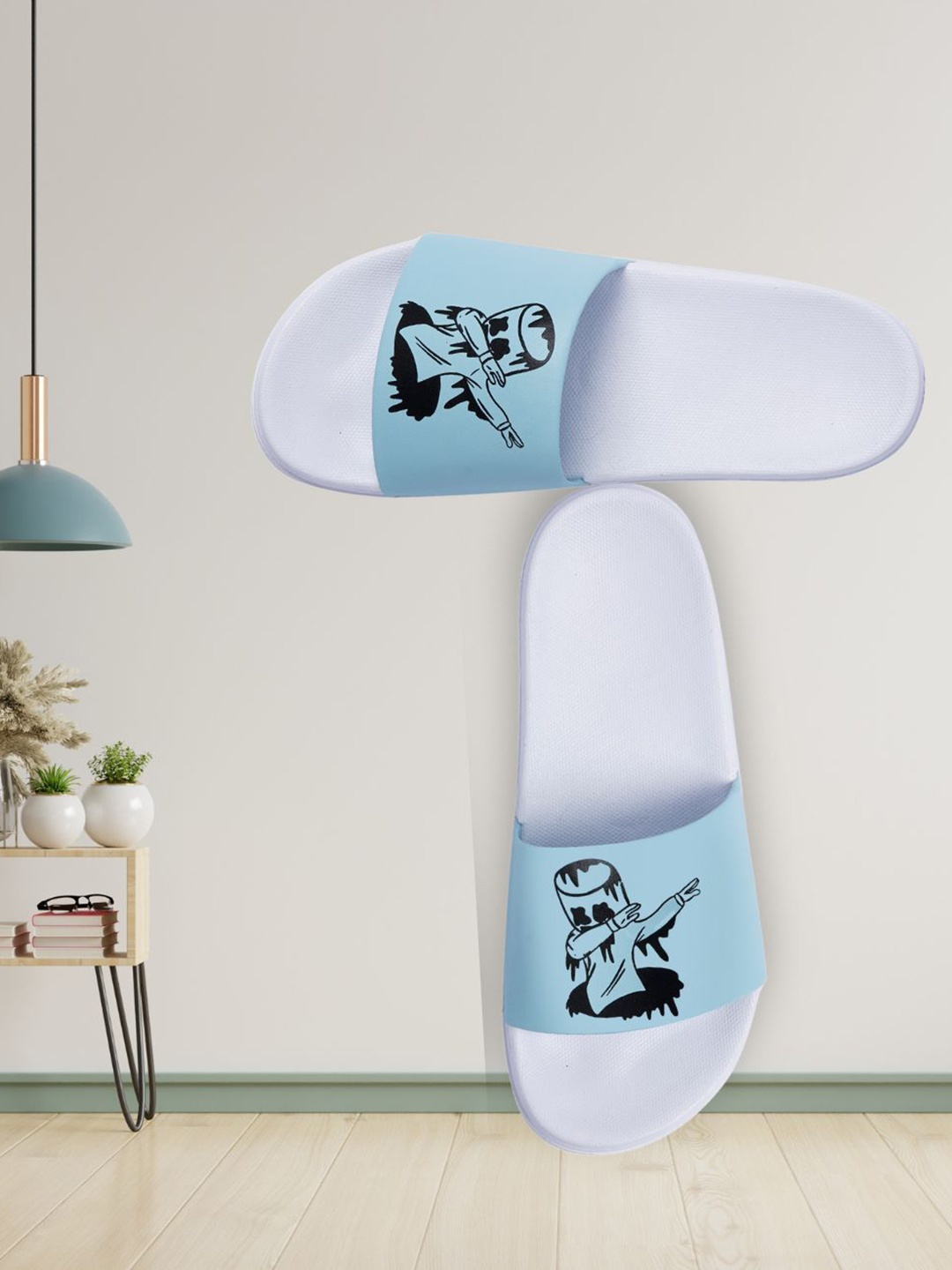 

PERY PAO Men Printed Sliders Flip Flops, Blue