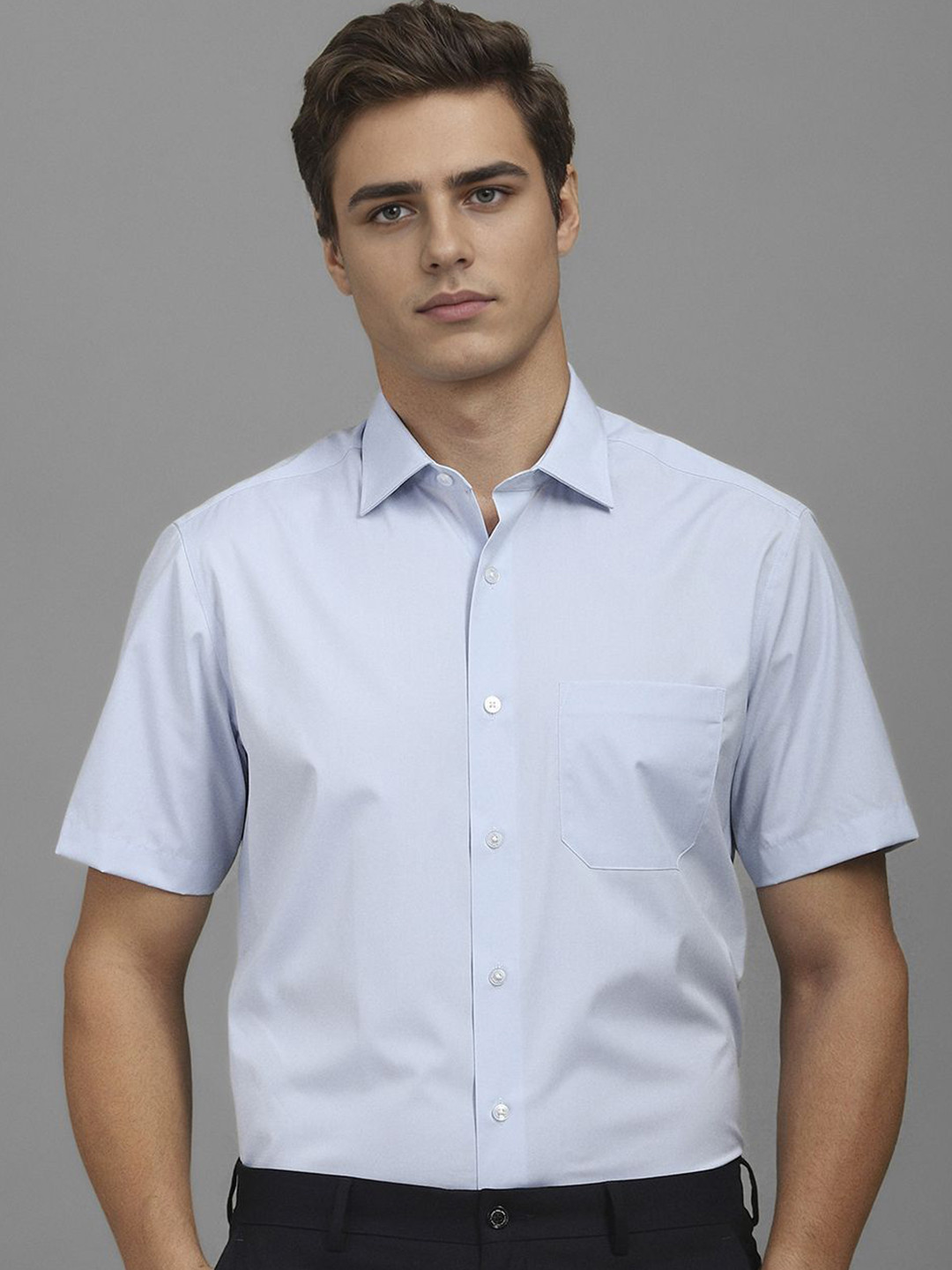 

Louis Philippe Men Classic Slim Fit Spread Collar Solid Cotton Formal Shirt, Blue