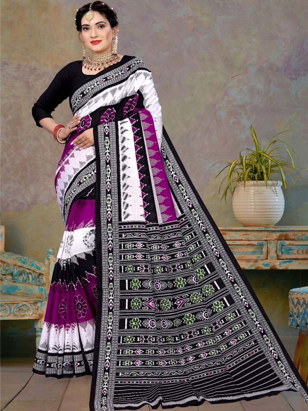 

pasapalli Ethnic Motifs Pure Cotton Sambalpuri Saree, Blue