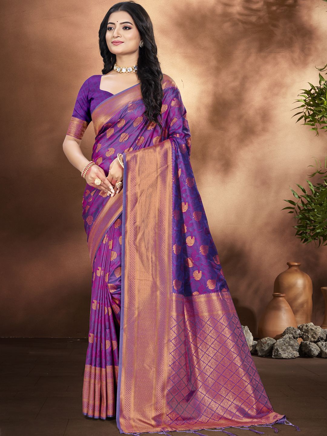 

SANGAM PRINTS Floral Woven Design Zari Tussar Saree, Purple