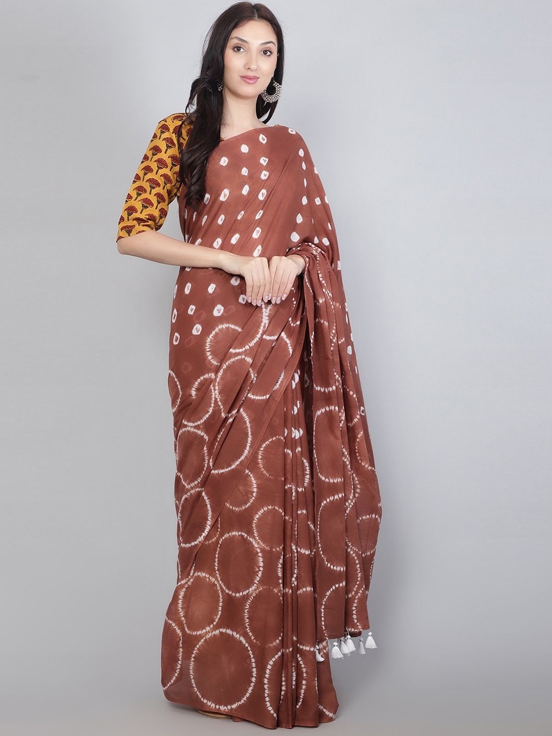 

PALASH Bandhani Pure Cotton Bandhani Saree, Brown