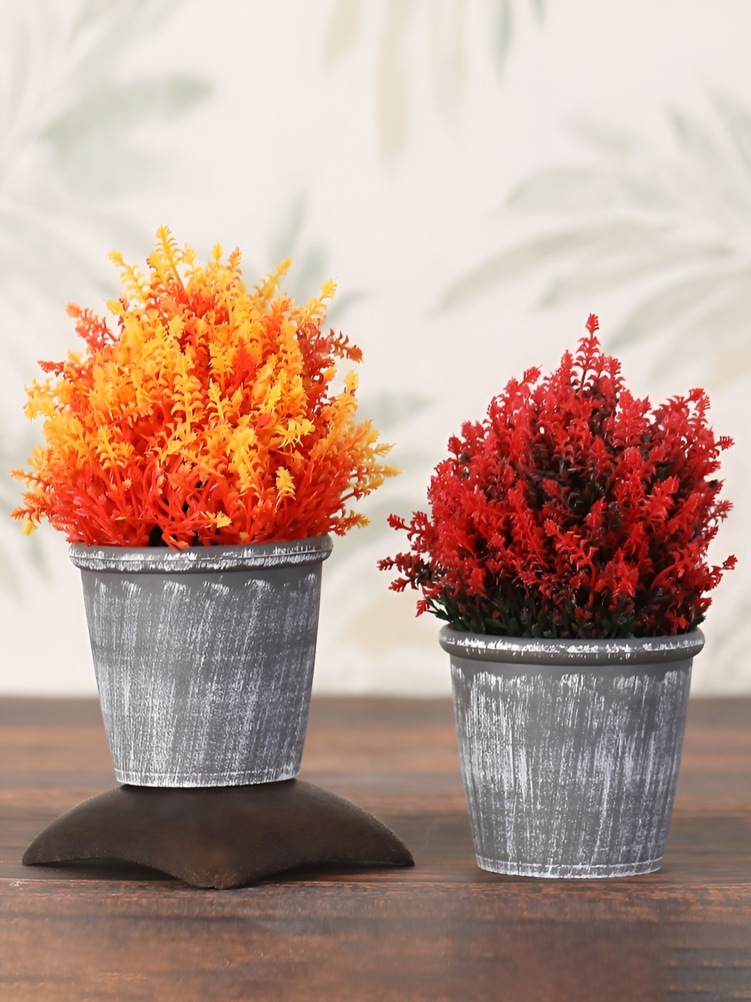 

FOLIYAJ Grey & Orange-Coloured 2 Pieces Artificial Thick Bushy Plant With Pot