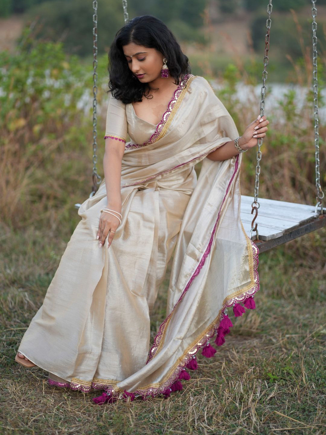 

arunima weaves Beads and Stones Tissue Saree, Silver