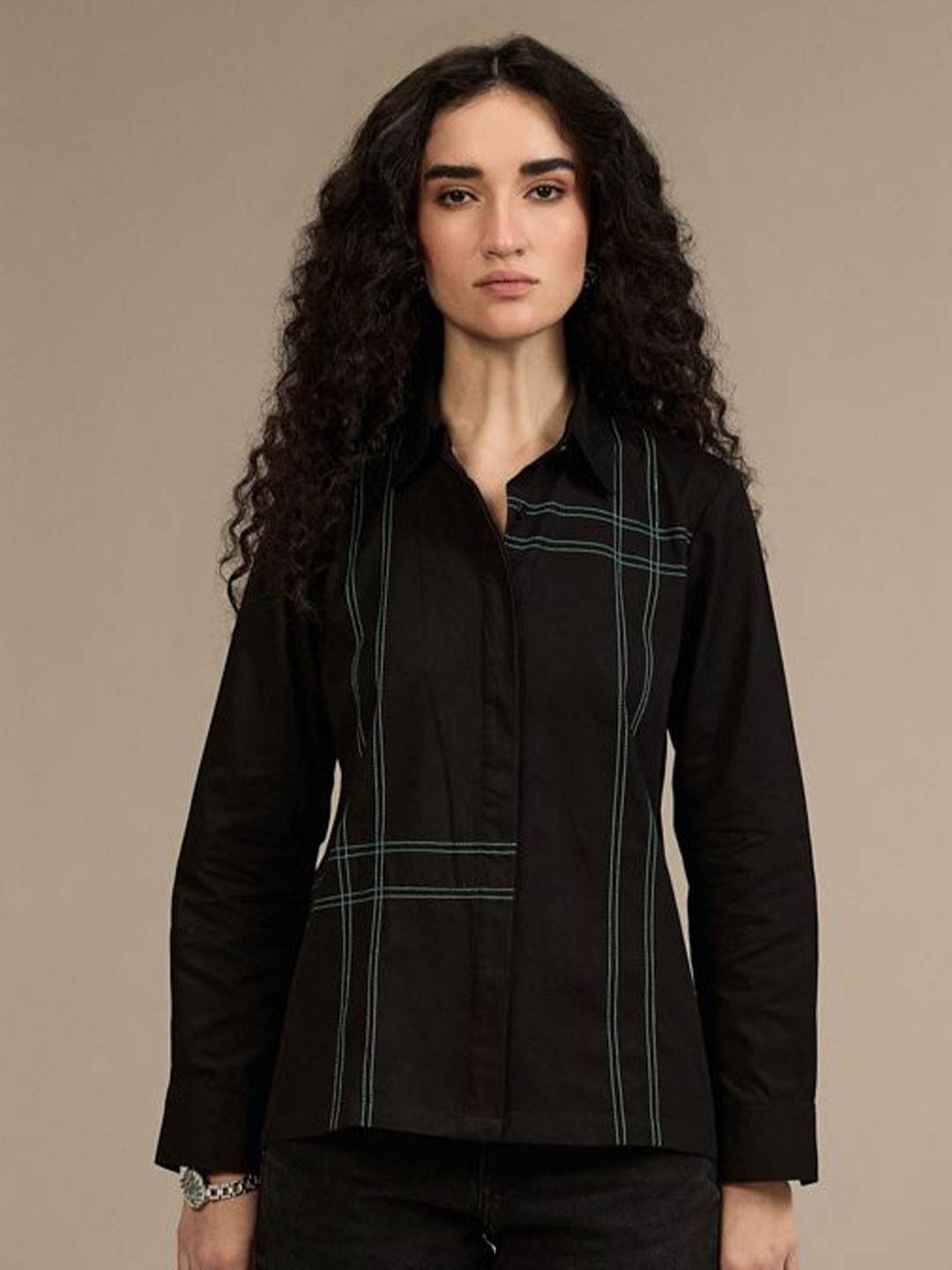 

Midsummer Women Spread Collar Multi Striped Cotton Casual Shirt, Black