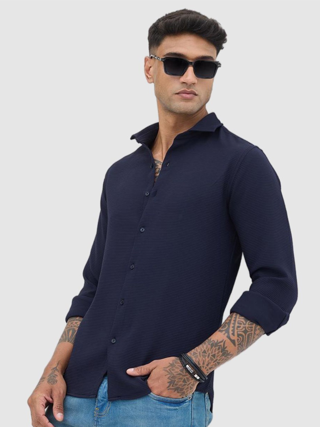 

Snitch Men Smart Fit Spread Collar Horizontal Striped Casual Shirt, Navy blue