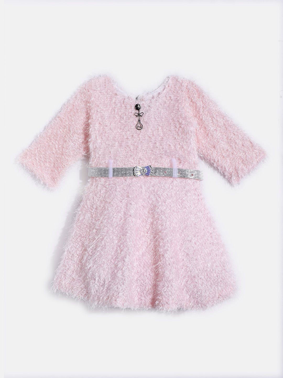 

YK Girls Self Design Woollen A - Line Dress, Pink