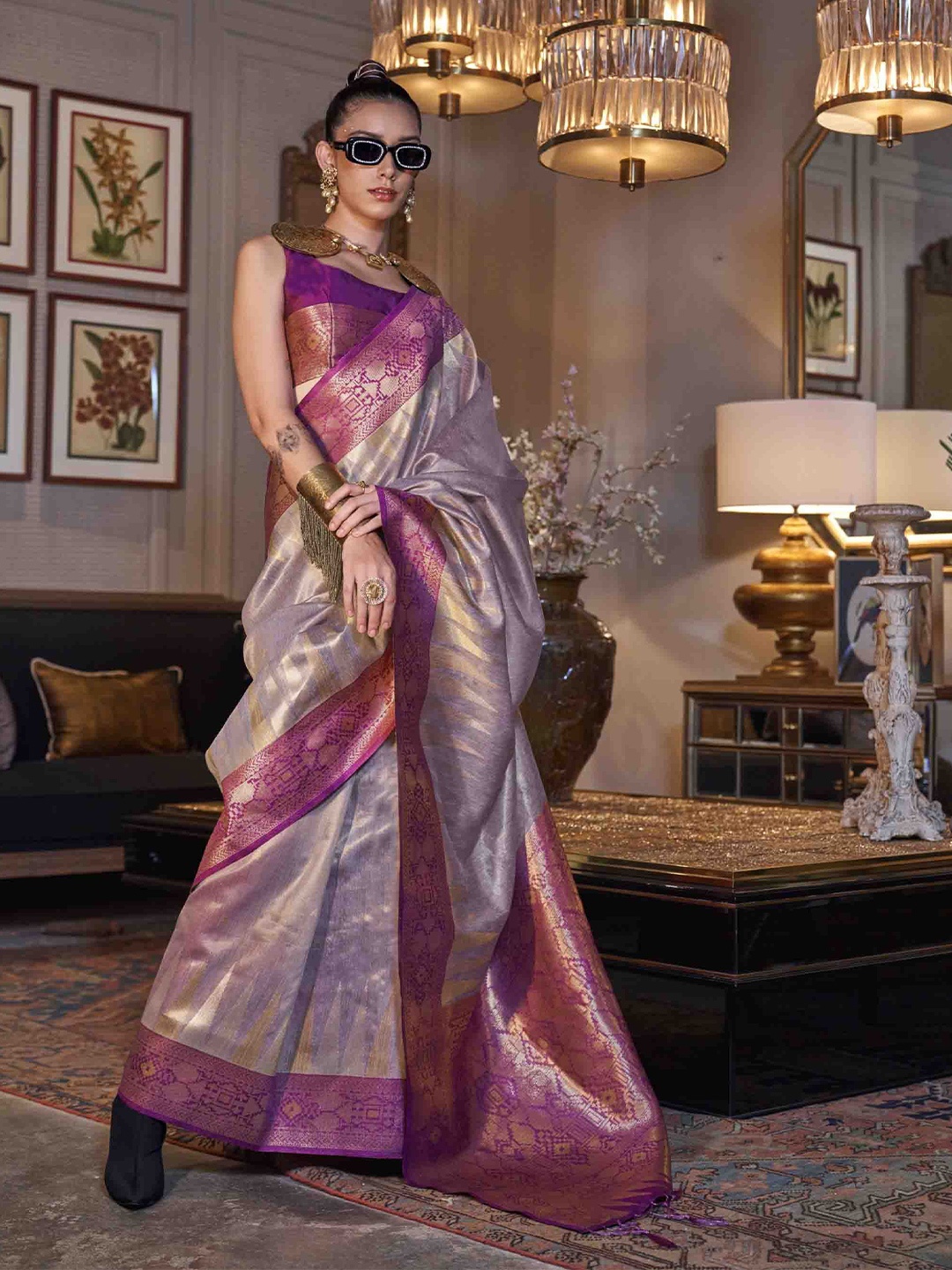 

KIMISHA Woven Design Zari Saree, Lavender