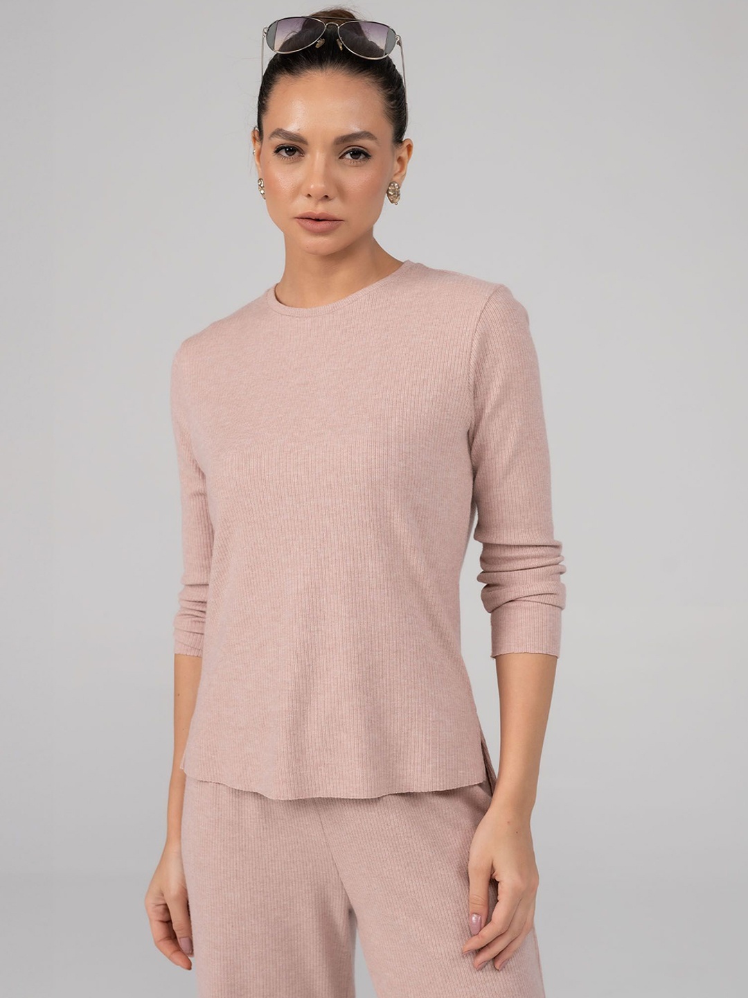 

EDRIO Round Neck Sweatshirt With Trousers Co-Ords, Pink