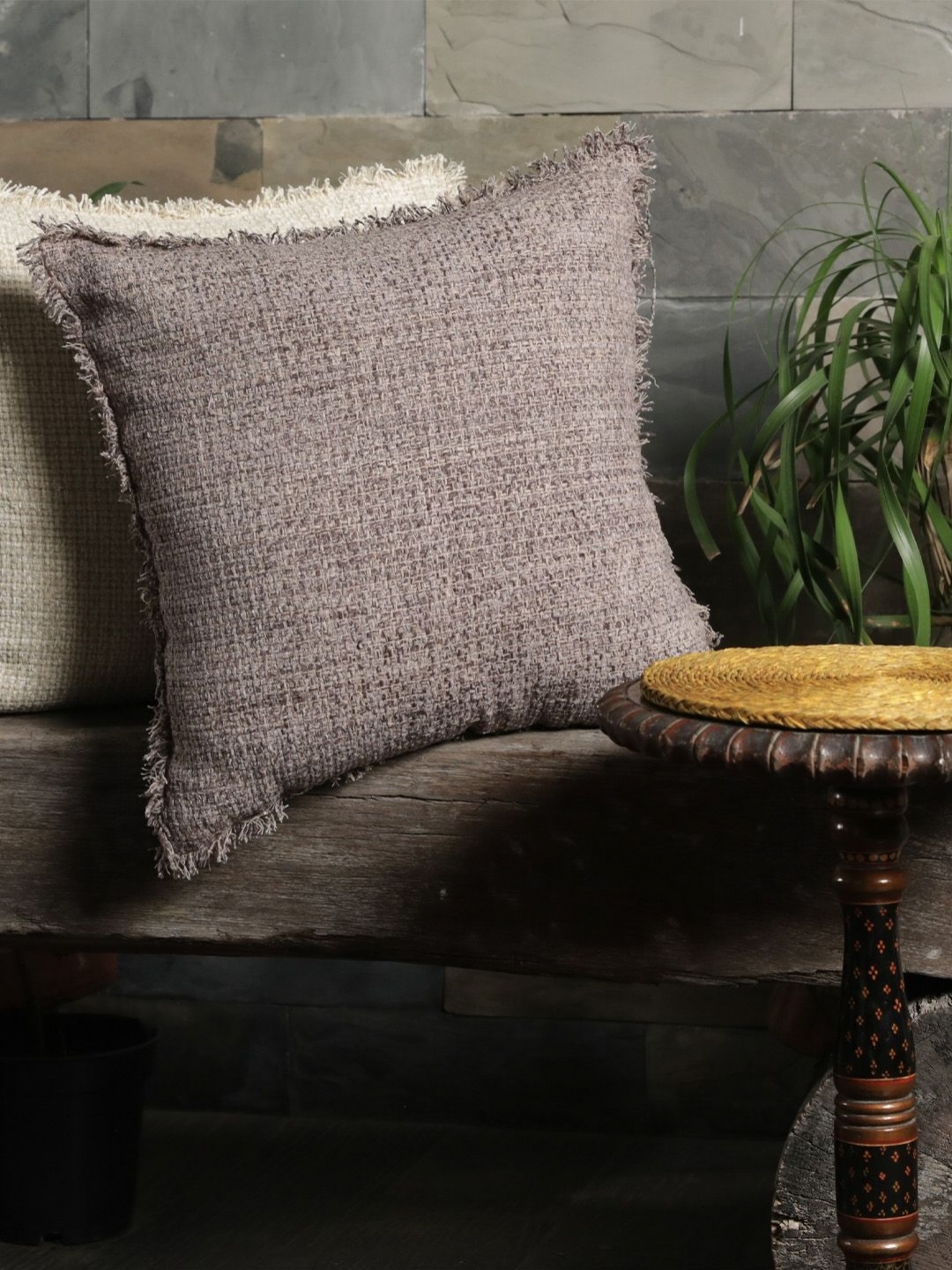 

ONSETHOMES Dastaan Beige & White Self Design Square Cushion Covers