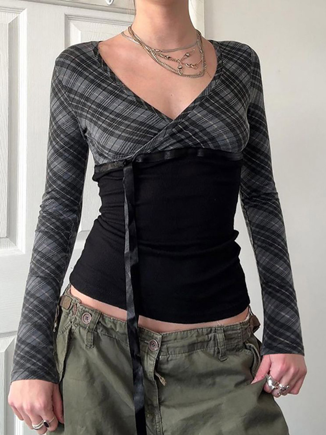 

StyleCast x Revolte Checked Top, Grey