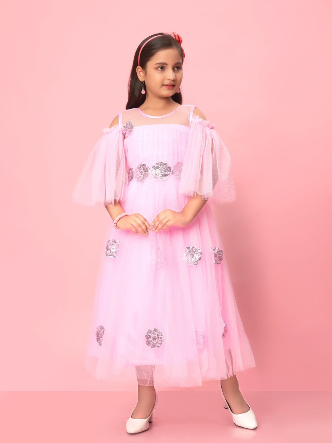 

YK Floral Print Flared Sleeve Net Fit & Flare Maxi Dress, Pink