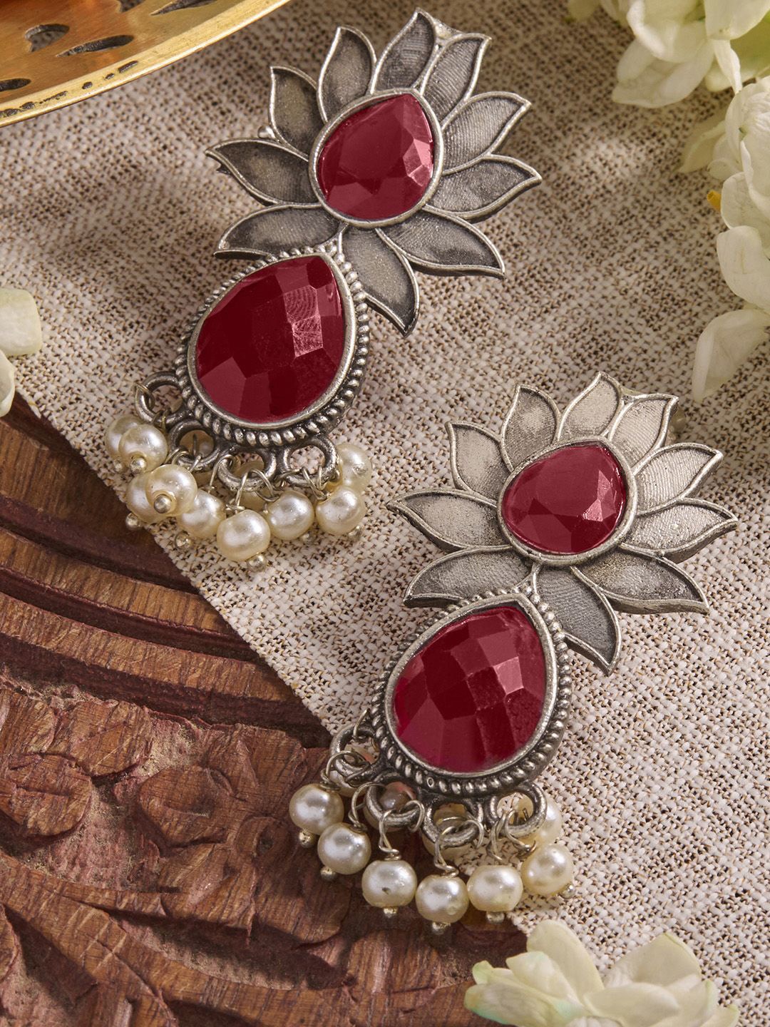 

Priyaasi Silver Plated Ruby Studded Floral Oxidised Drop Earrings