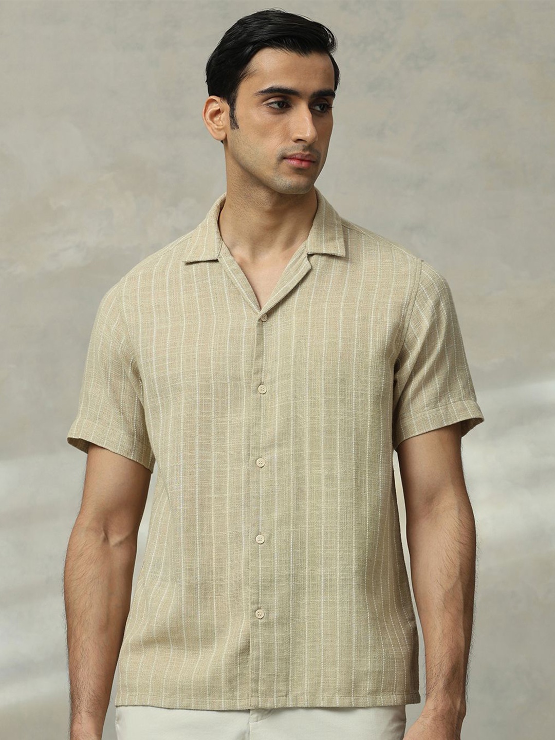 

Mufti Men Cuban Collar Vertical Striped Casual Shirt, Beige