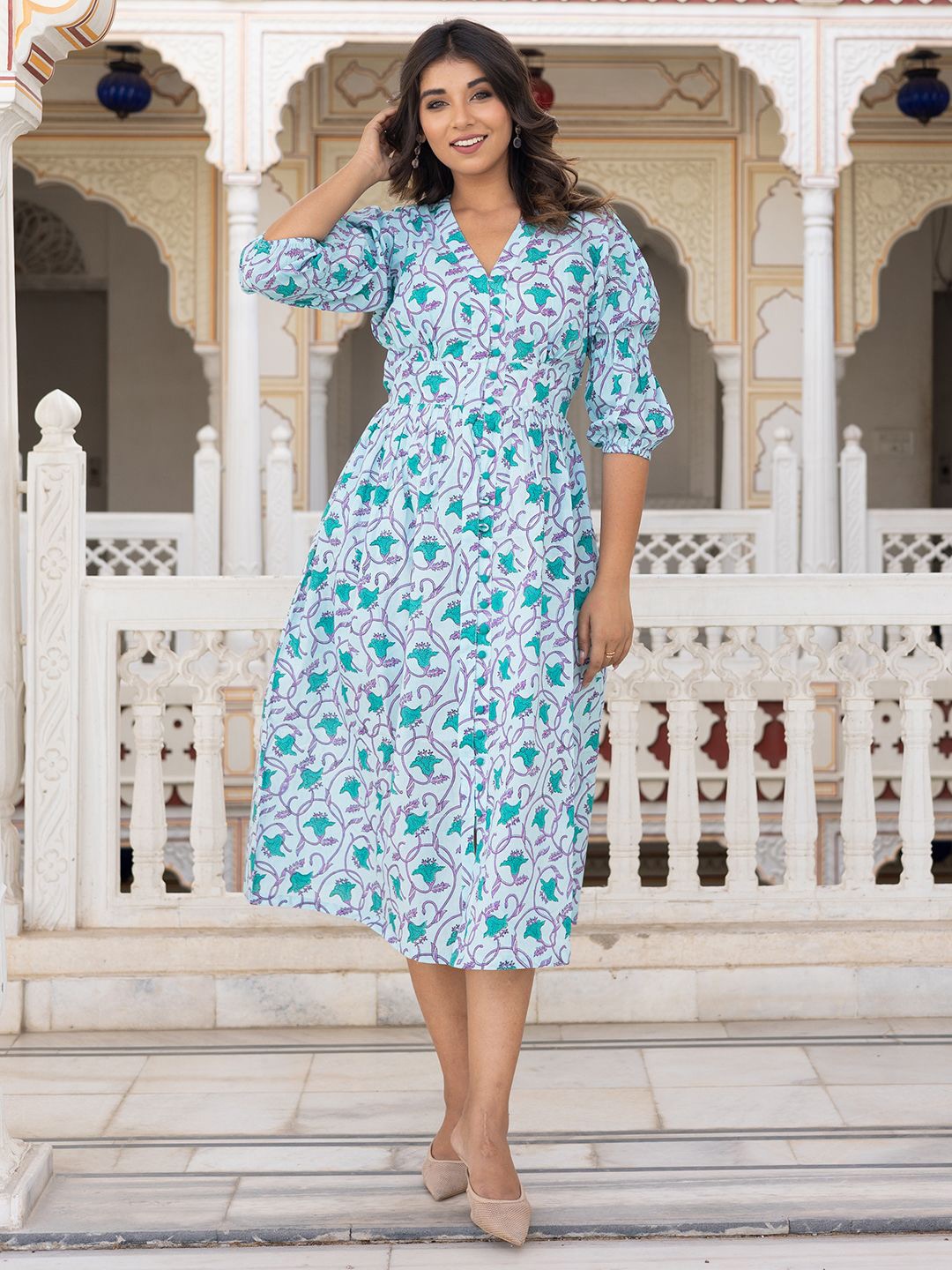 

Eco Clothing Floral Print Puff Sleeve Cotton Fit & Flare Midi Dress, Green