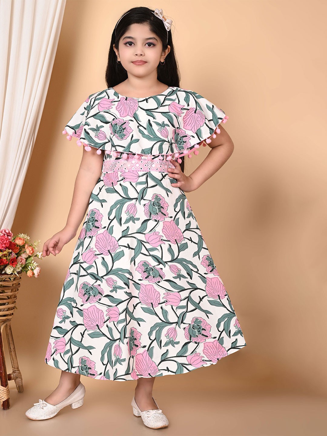 

KAARIGARI Girls Floral Printed Cape Sleeve Cotton A-Line Maxi Dress, White