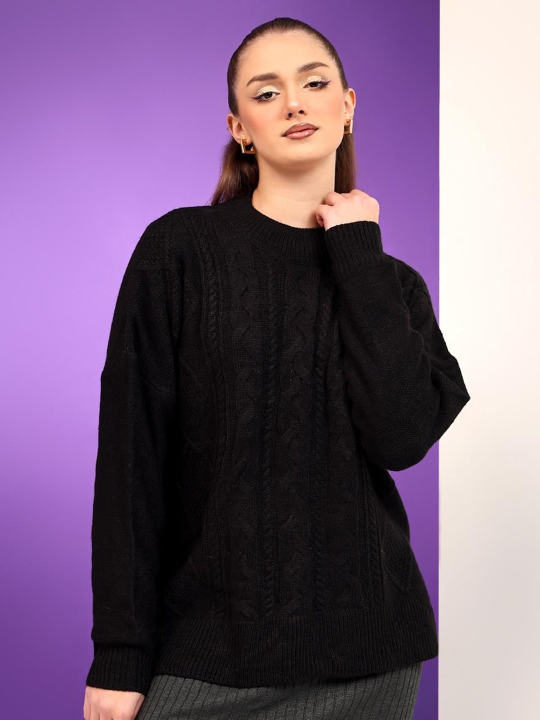

Kotty Women Self Design Cable Knit Pullover Sweater, Black