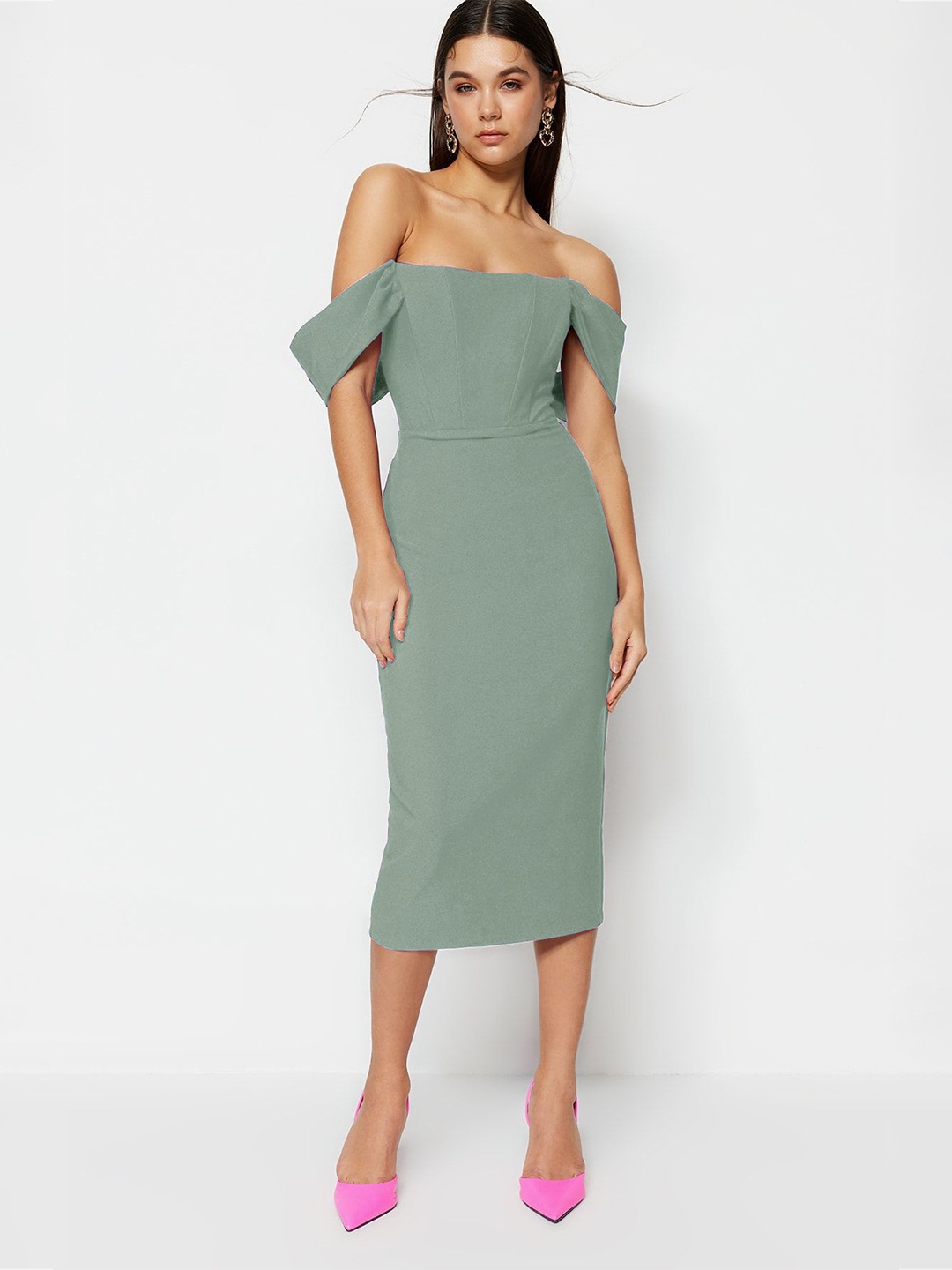 

Trendyol Women Off-Shoulder Bodycon Midi Dress, Na