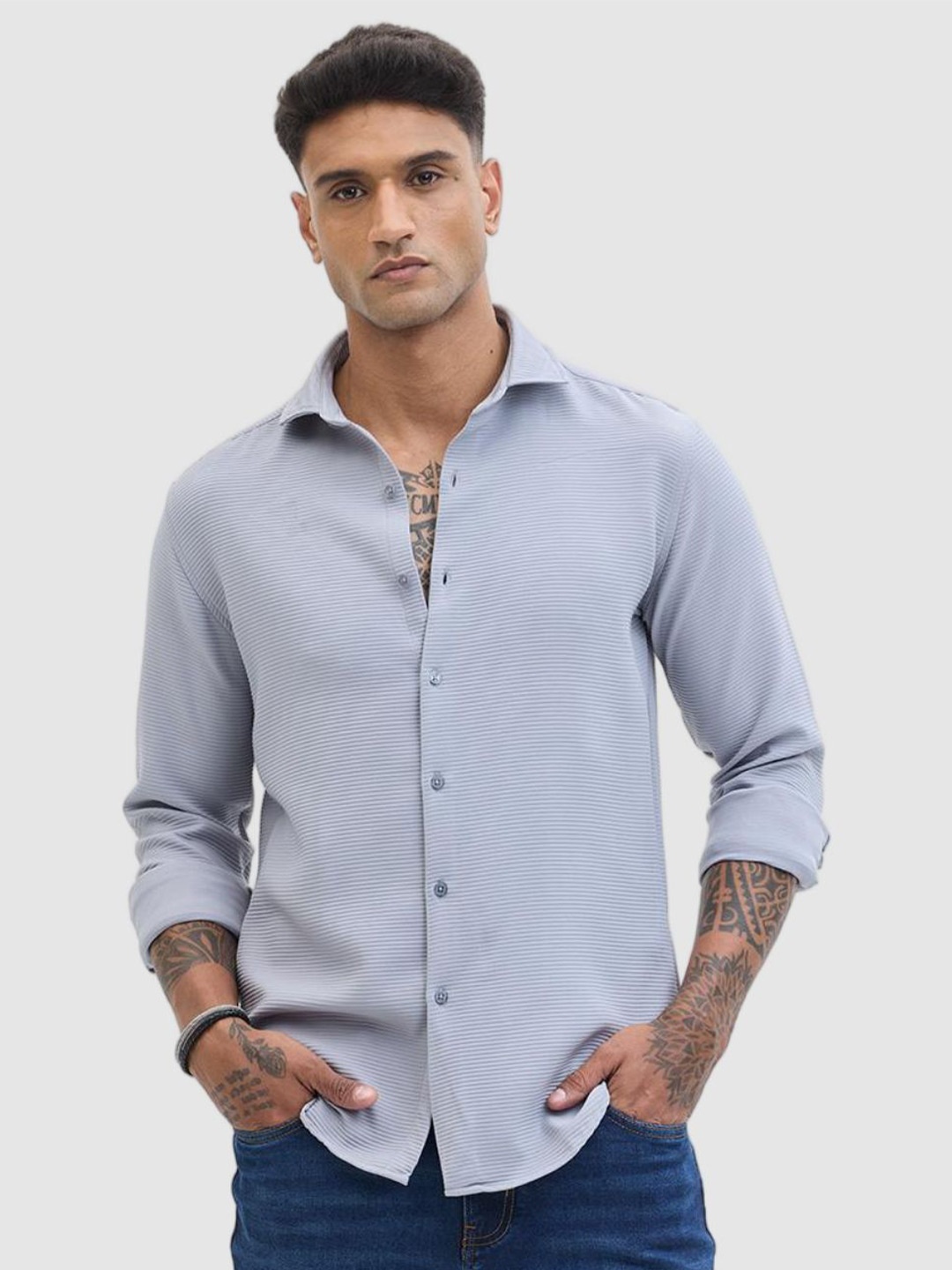 

Snitch Men Smart Fit Spread Collar Horizontal Striped Casual Shirt, Grey