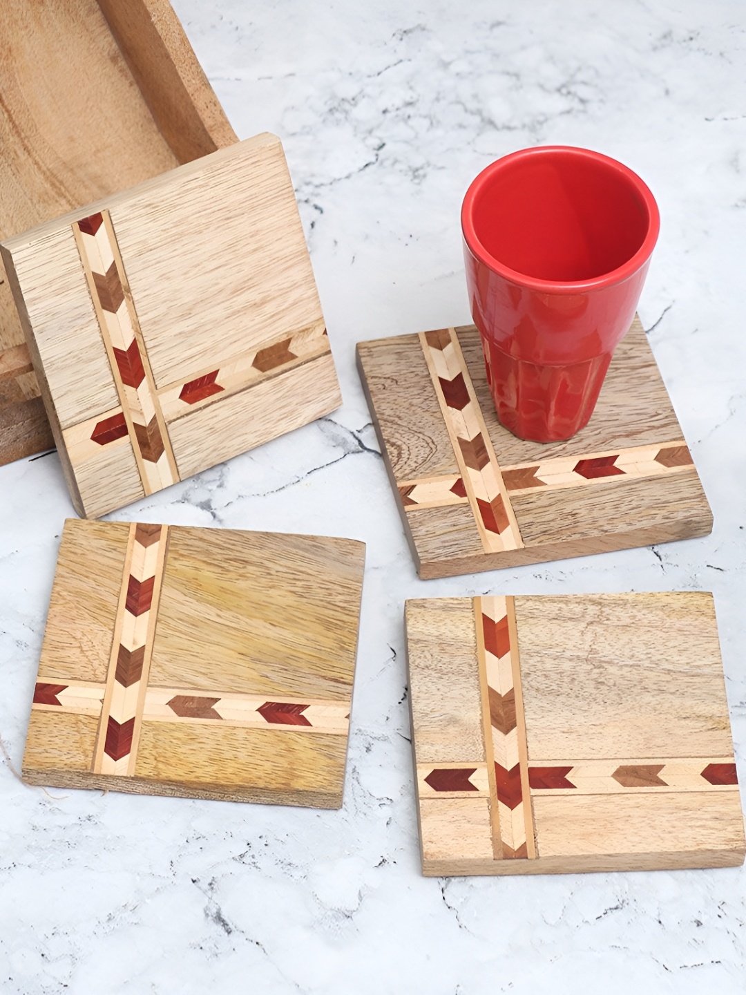 

Indianshelf Brown & Red 4 Pieces Geometric Textured Square Shaped Wooden Coasters