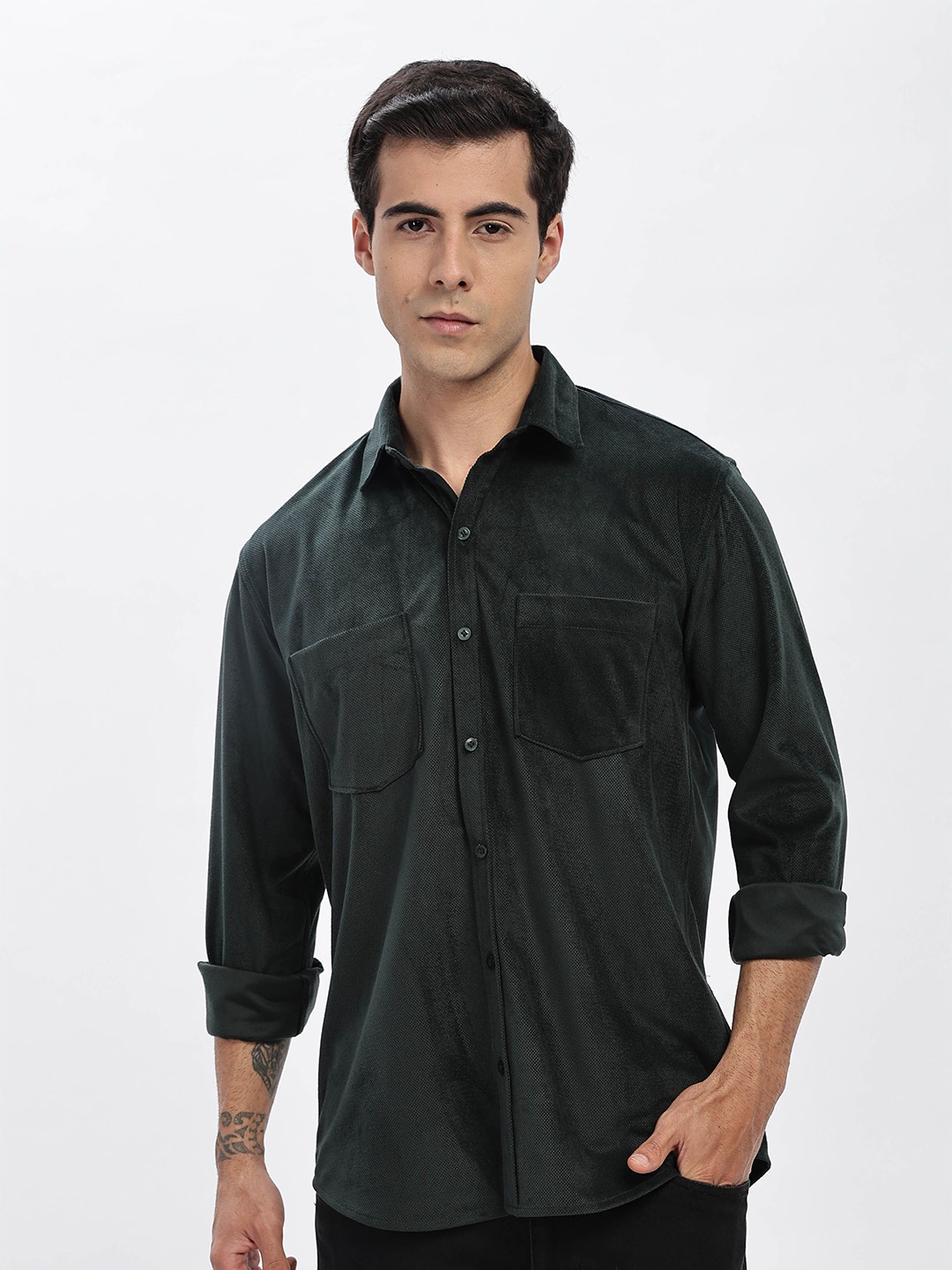 

BUMCHIQ Men Comfort Fit Spread Collar Textured Cotton Casual Shirt, Green