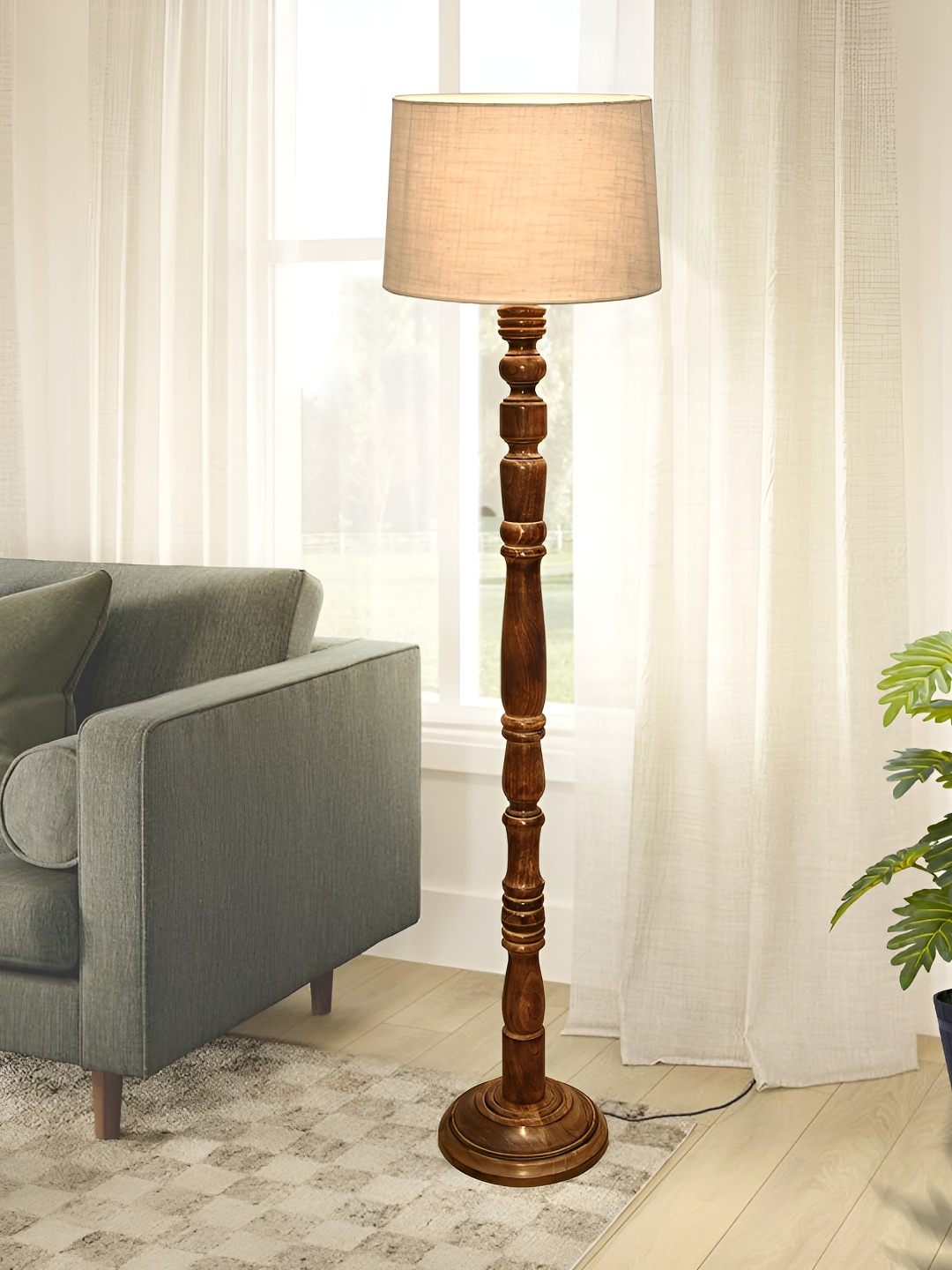 

Homesake Beige & Brown Cylinder Shaped Wooden Floor Lamp