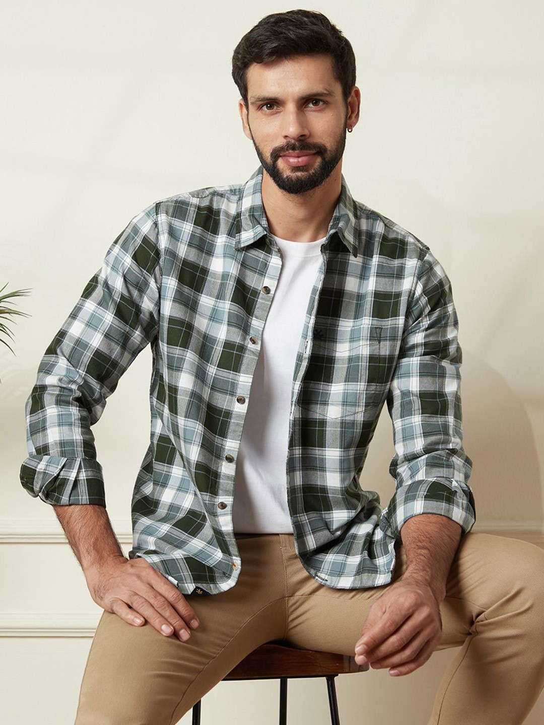 

WROGN Men Comfort Slim Fit Spread Collar Tartan Checked Cotton Casual Shirt, Green