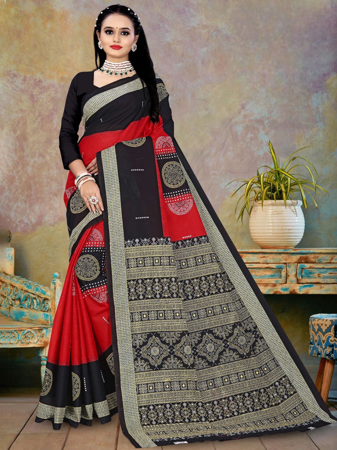 

pasapalli Ethnic Motifs Pure Cotton Sambalpuri Saree, Red