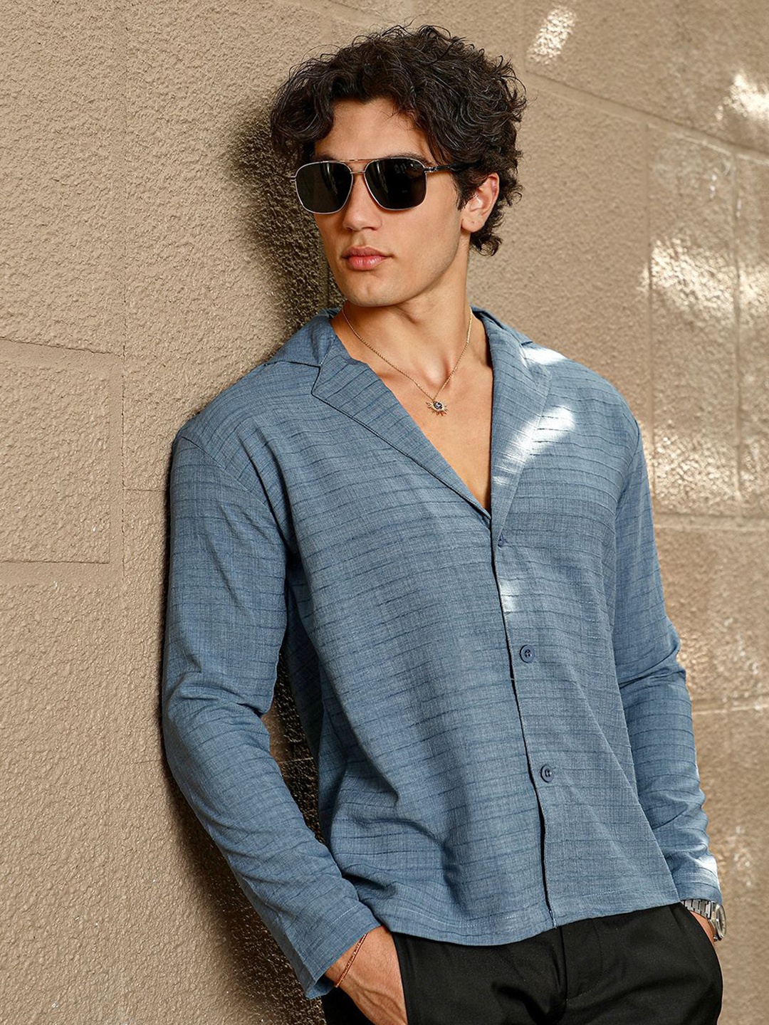 

Campus Sutra Men Comfort Slim Fit Cuban Collar Textured Cotton Casual Shirt, Blue