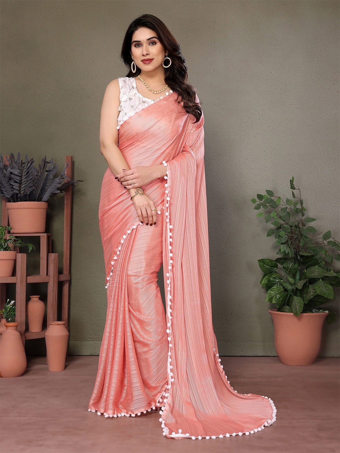 

VEDANT VASTRAM Embroidered Pure Georgette Designer Saree, Peach