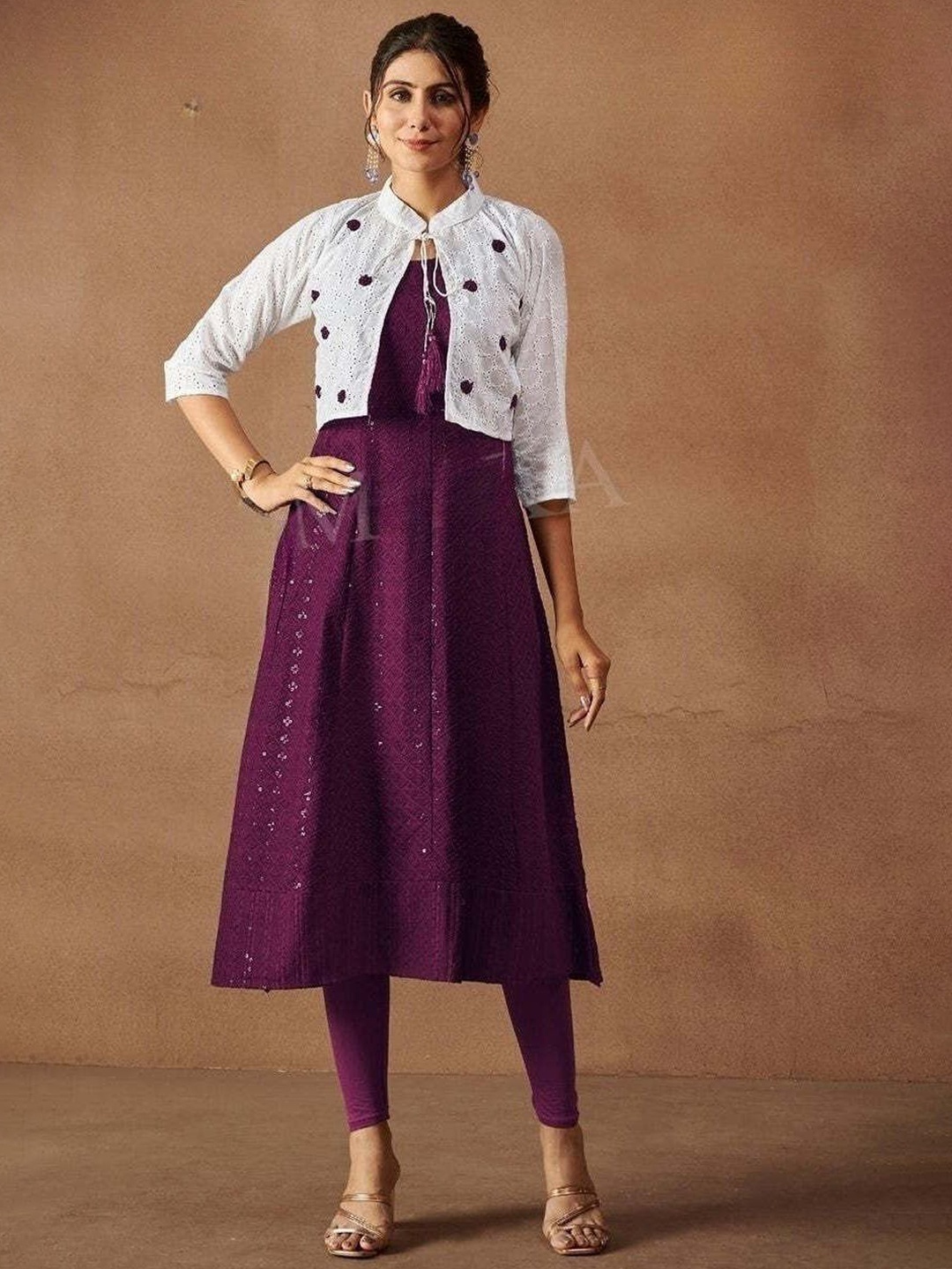 

REET MAHAL Floral Embroidered Sequinned Anarkali Kurtas With Jacket, Purple