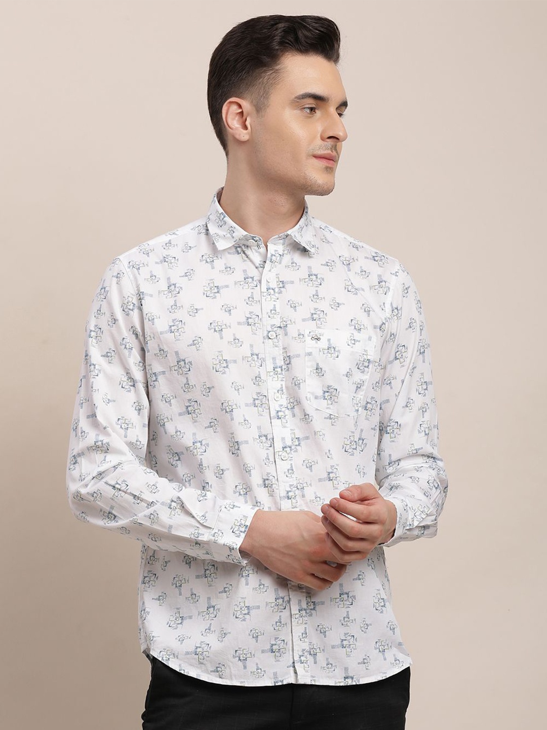 

Turtle Men Relaxed Fit Spread Collar Floral Printed Cotton Casual Shirt, White