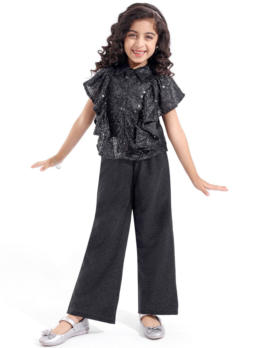 

Hola Bonita Girls Embellished Short Sleeves Shirt With Trouser, Black