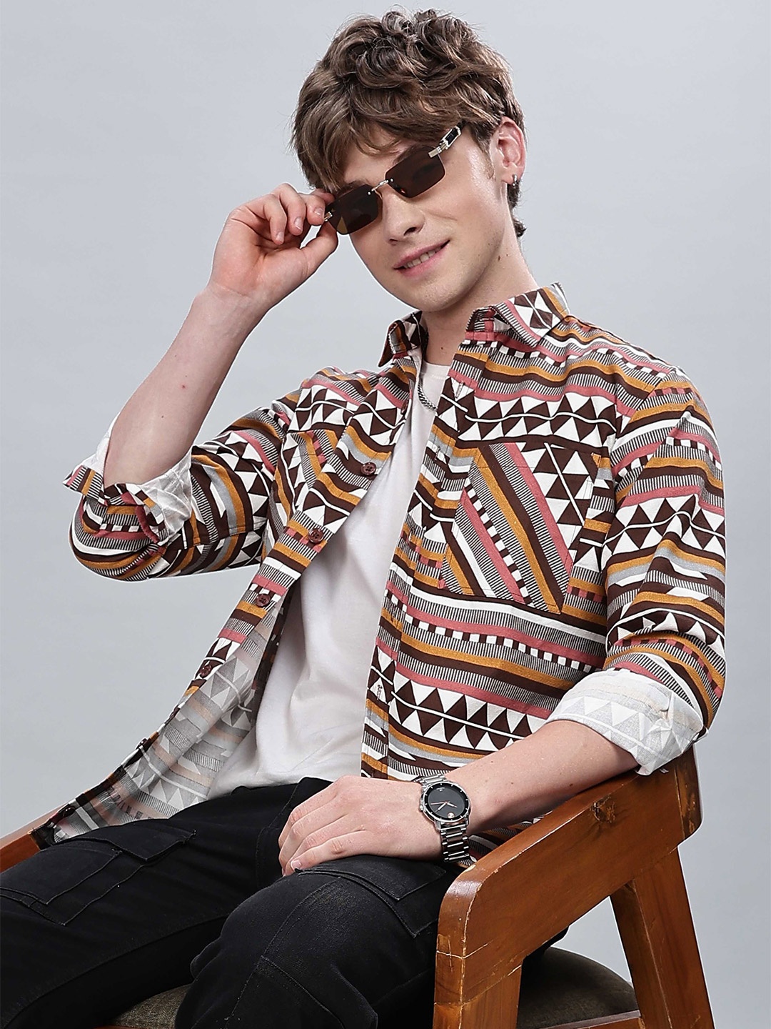 

BUMCHIQ Men Comfort Fit Spread Collar Geometric Printed Casual Shirt, Orange