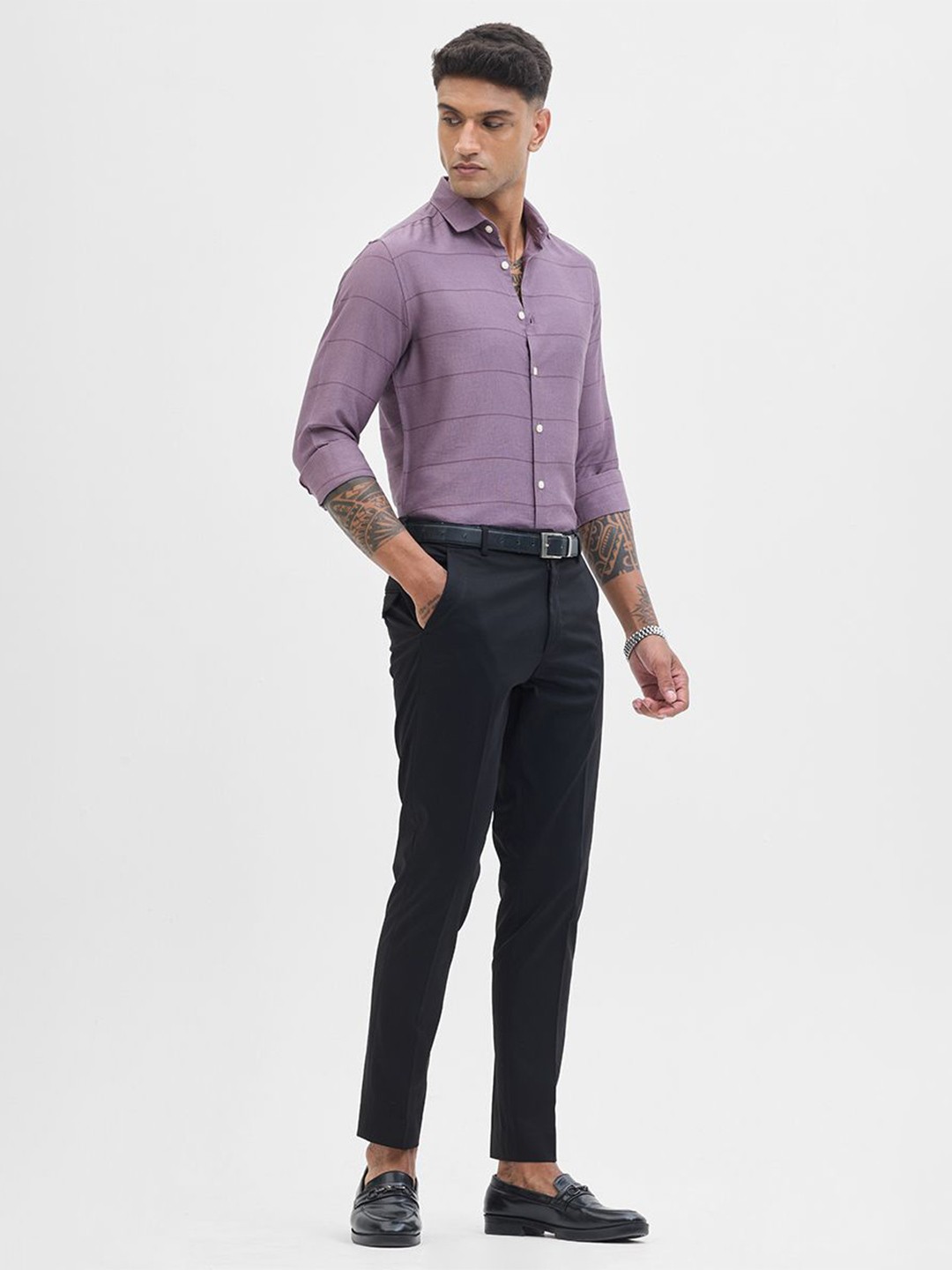 

Snitch Men Classic Slim Fit Spread Collar Horizontal Striped Formal Shirt, Purple