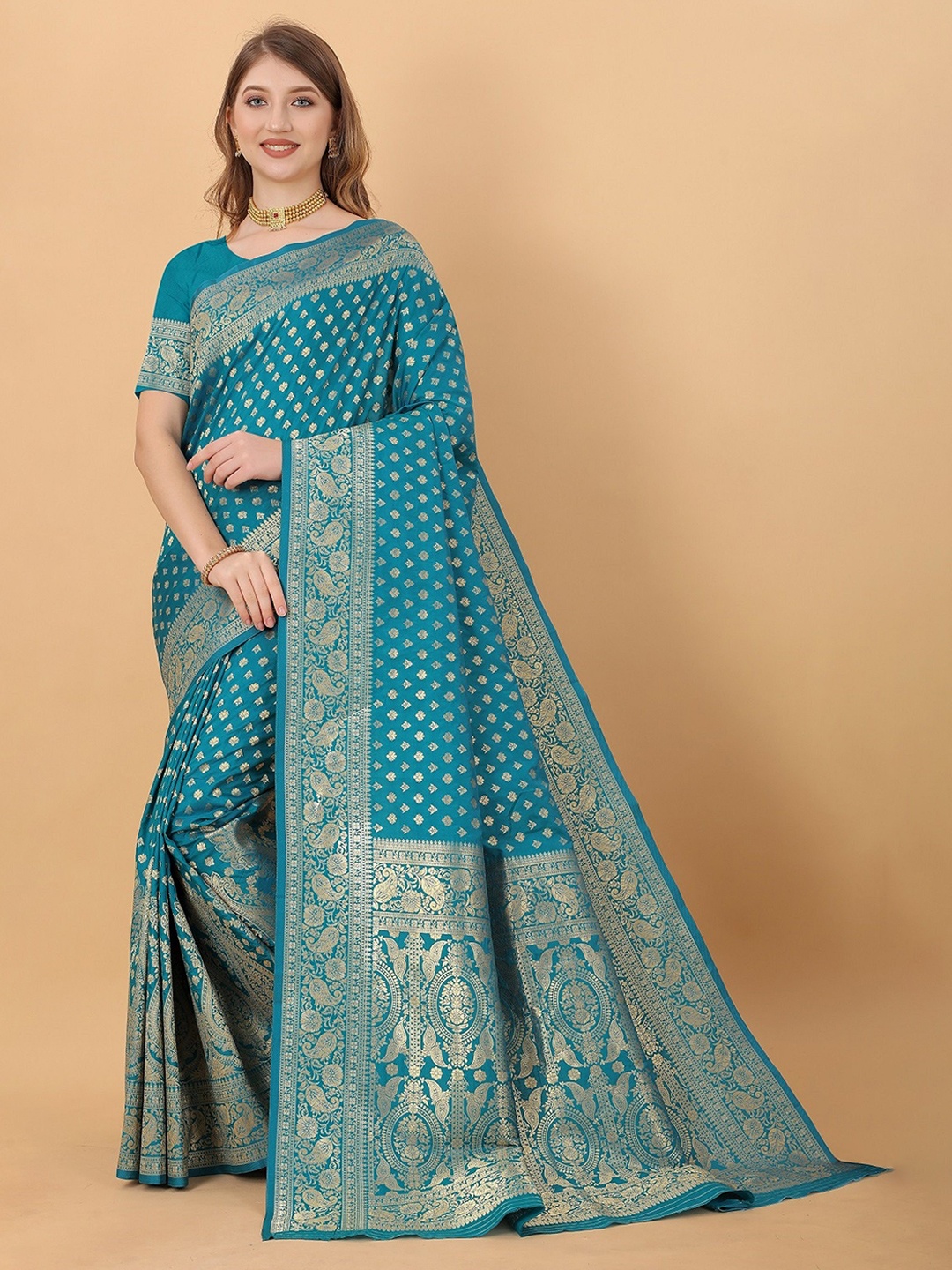 

VEDANT VASTRAM Woven Design Zari Saree, Turquoise blue