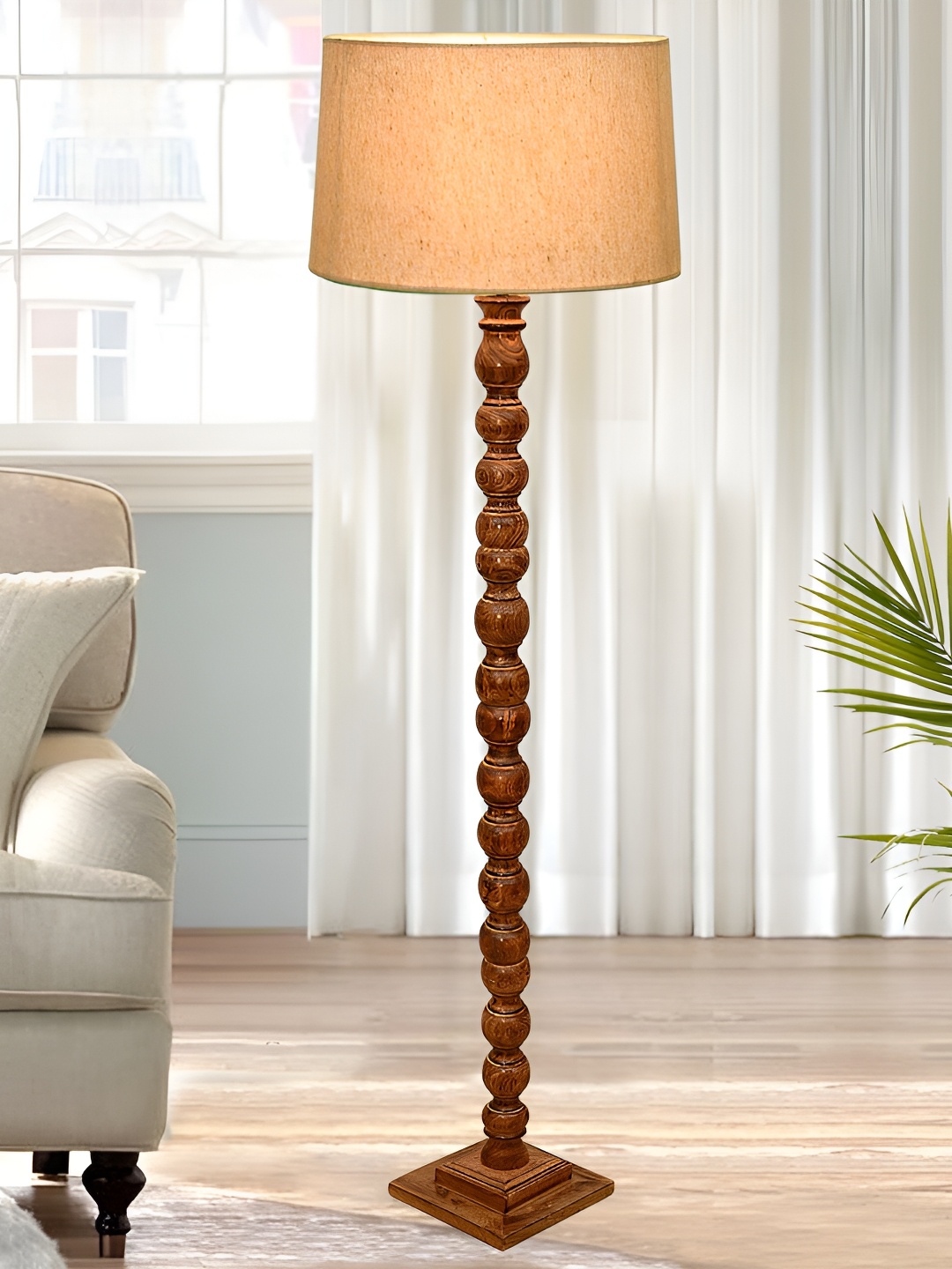 

Homesake Beige & Brown Cylinder Shaped Wooden Floor Lamp