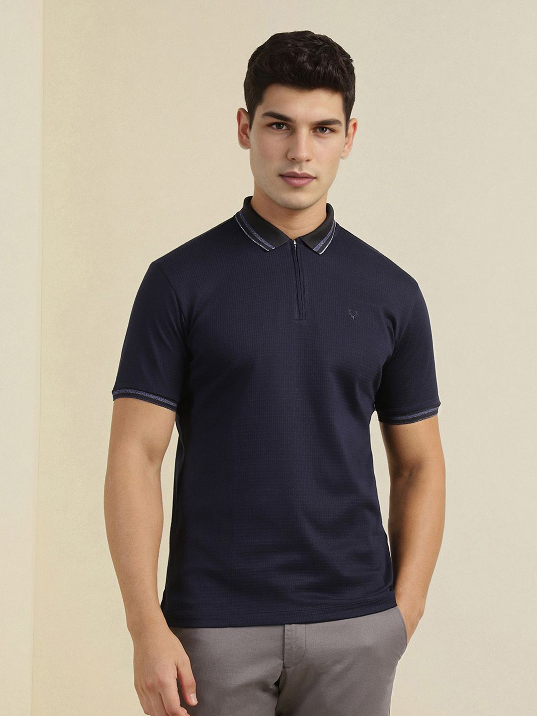 

Allen Solly Men Self Design Polo Collar Cotton T-shirt, Navy blue