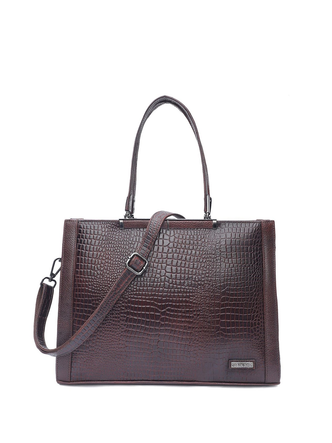 

Stamp Leather Bucket Handheld Bag, Brown